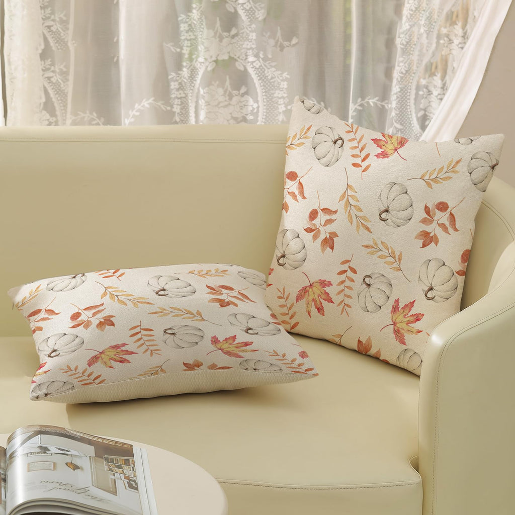 Fall Pillow Covers 16X16 Set Of 2 Pumpkin And Maple Leaf Fall Decor Pillowcase Linen Autumn Thanksgiving Decorative Outdoor Thro