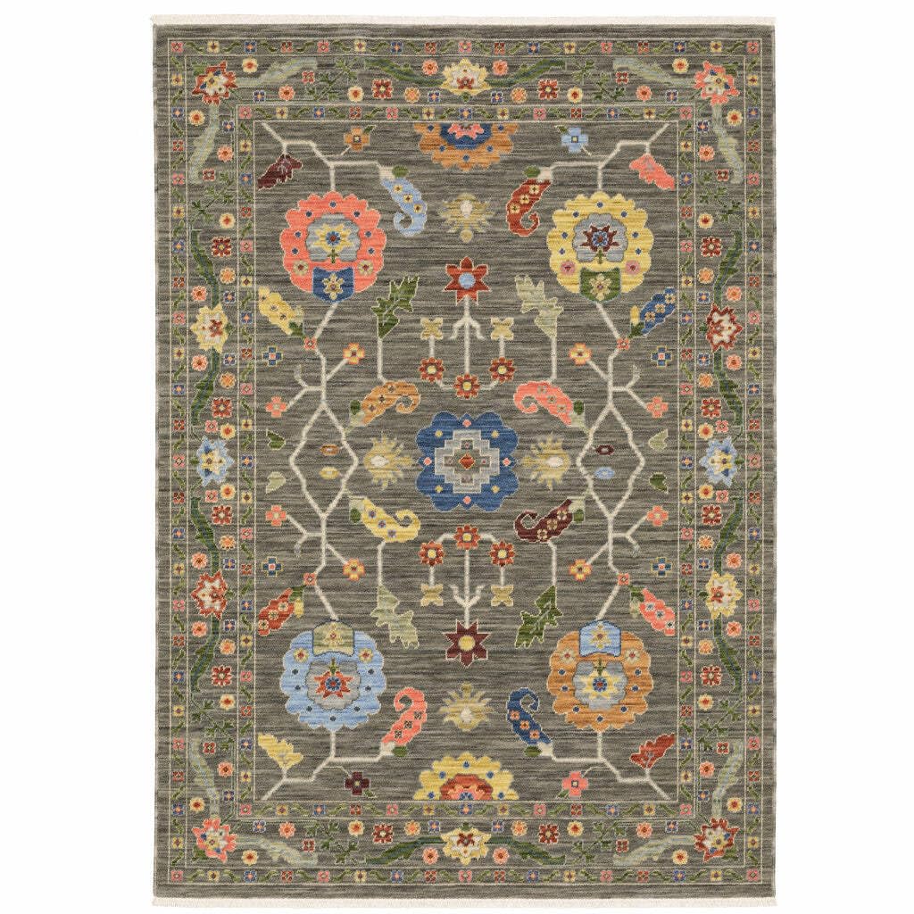 HomeRoots 509307 6 x 9 ft. Gray Blue Pink Orange Rust Red Green & Ivory Oriental Power Loom Stain Resistant Rectangle Area Rug with Fringe