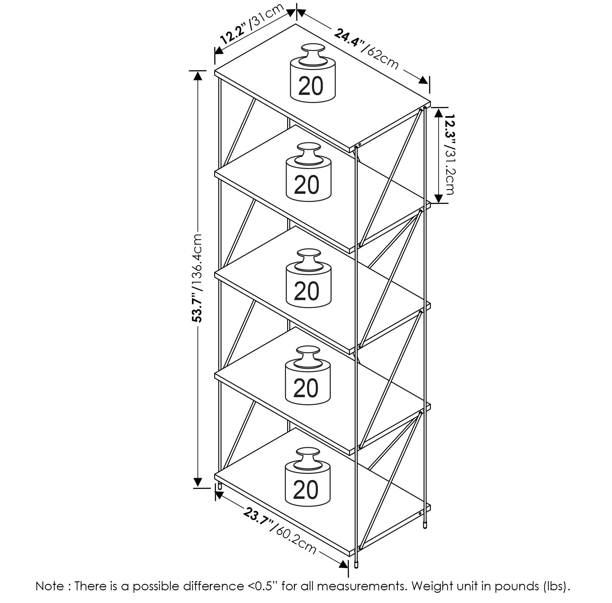Furinno Besi 5-Tier Industrial Multipurpose Shelf Display Rack with Metal Frame, Wide, Finn Oak