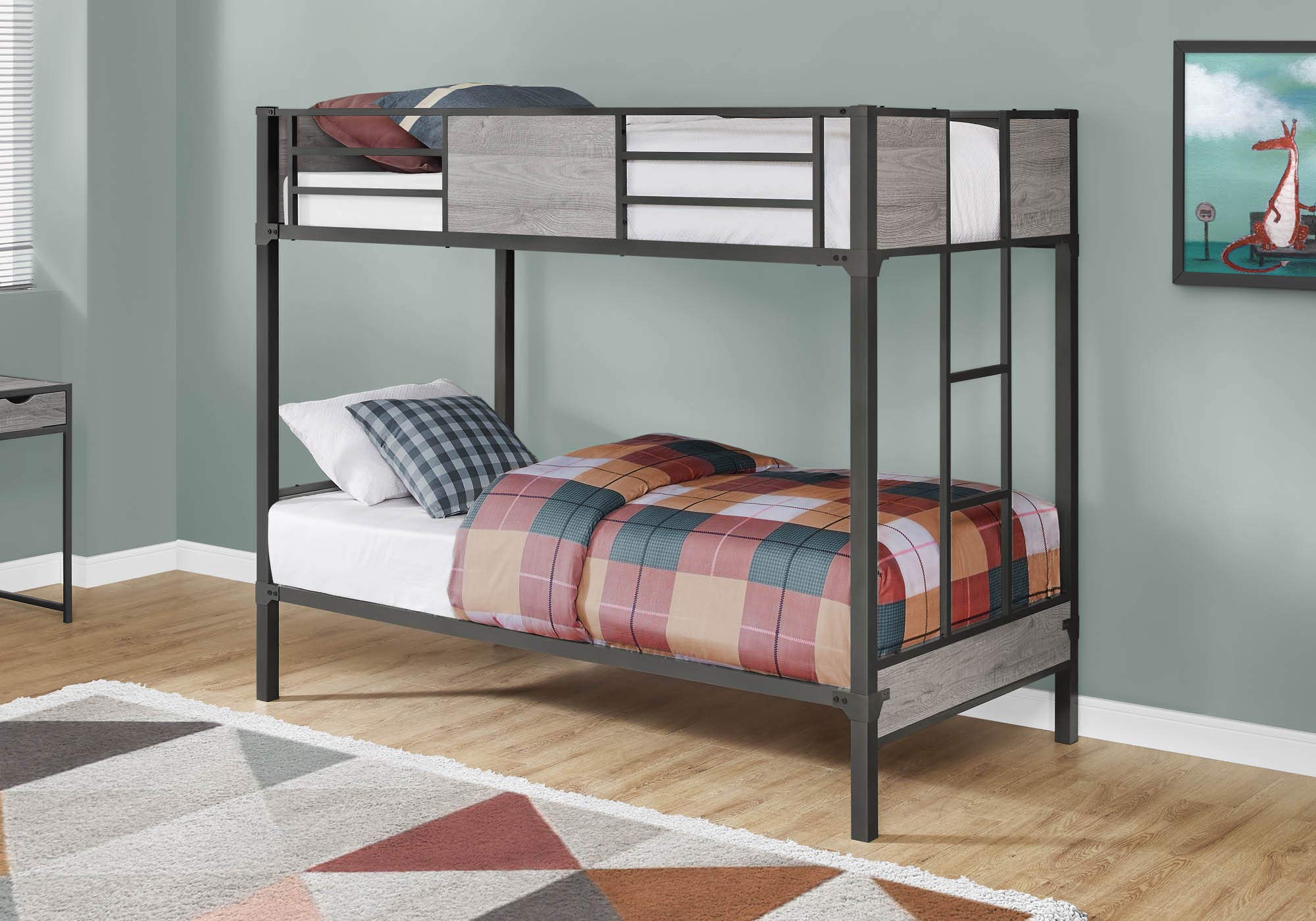 Monarch Specialties Twin Kids Bed with Stairs and Safety Rail Sturdy Metal Frame with Wood Panels Bunk, 65' H, Dark Grey
