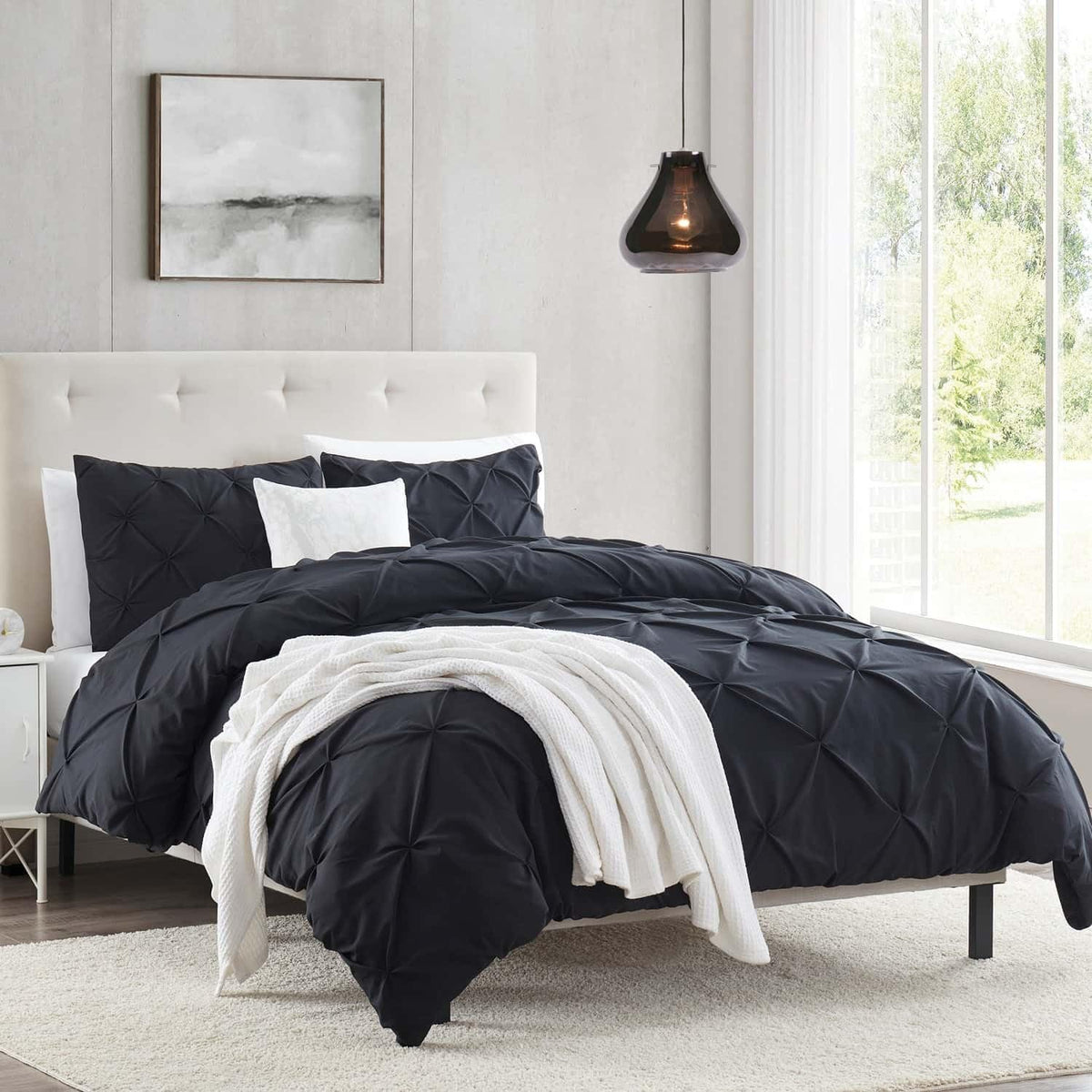 Nestl Black Duvet Cover Full Size - Pintuck Full Size Duvet Cover Set, 3 Piece Double Brushed Duvet Cover With Button Closure, 1