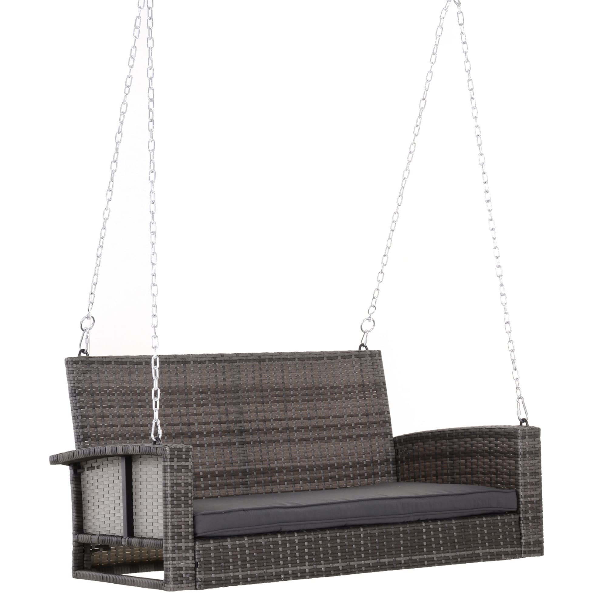 Outsunny 2 Person Wicker Hanging Swing Bench, Front Porch Swing Outdoor Chair With Cushions 550 Lbs. Weight Capacity For Backyard, Garden, Grey