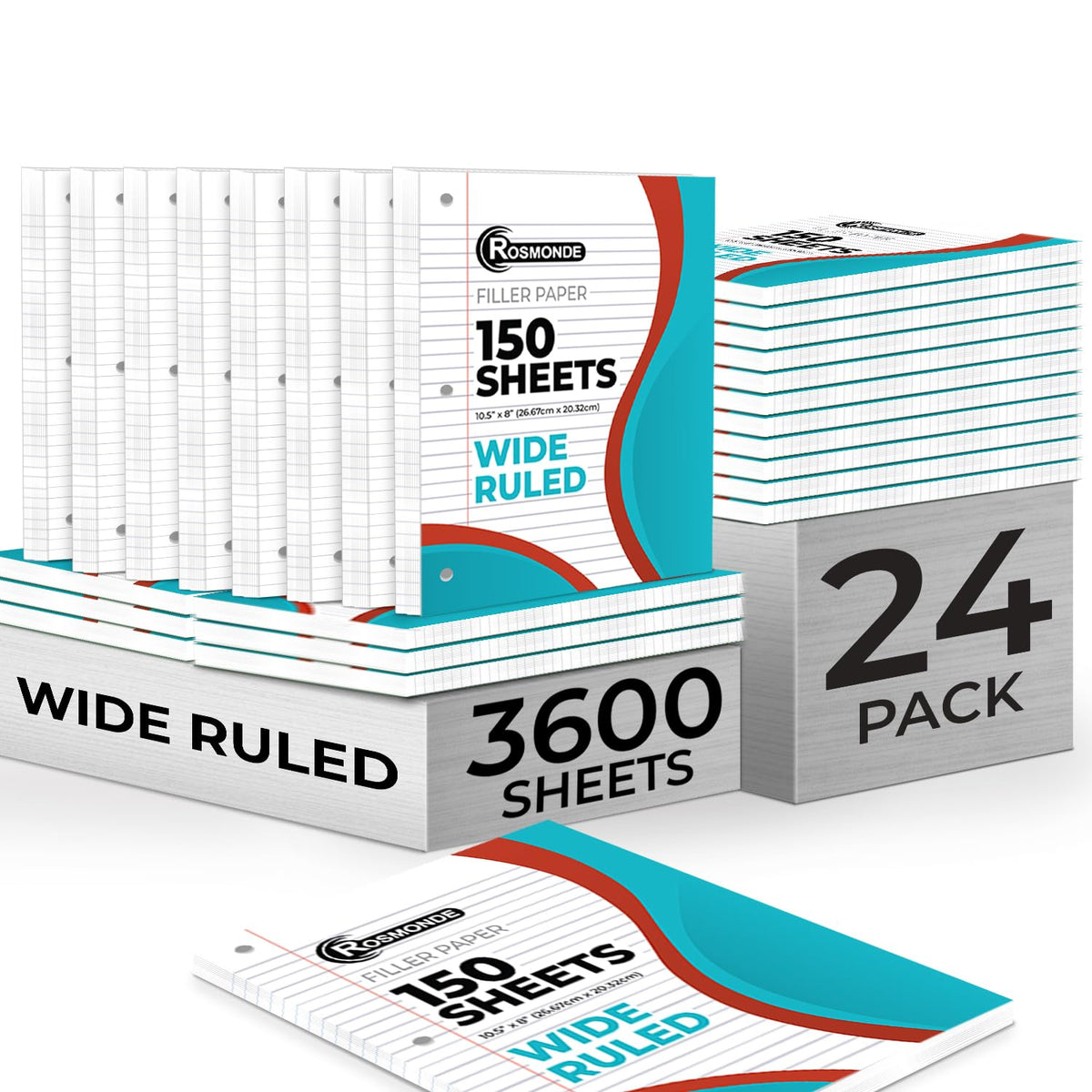 Rosmonde Loose Leaf Paper Bulk, 3600 Sheets, Wide Ruled, 8 X 10.5', Bulk Filler Paper For Office, 56 Gsm Thick Sheets, 3 Hole P