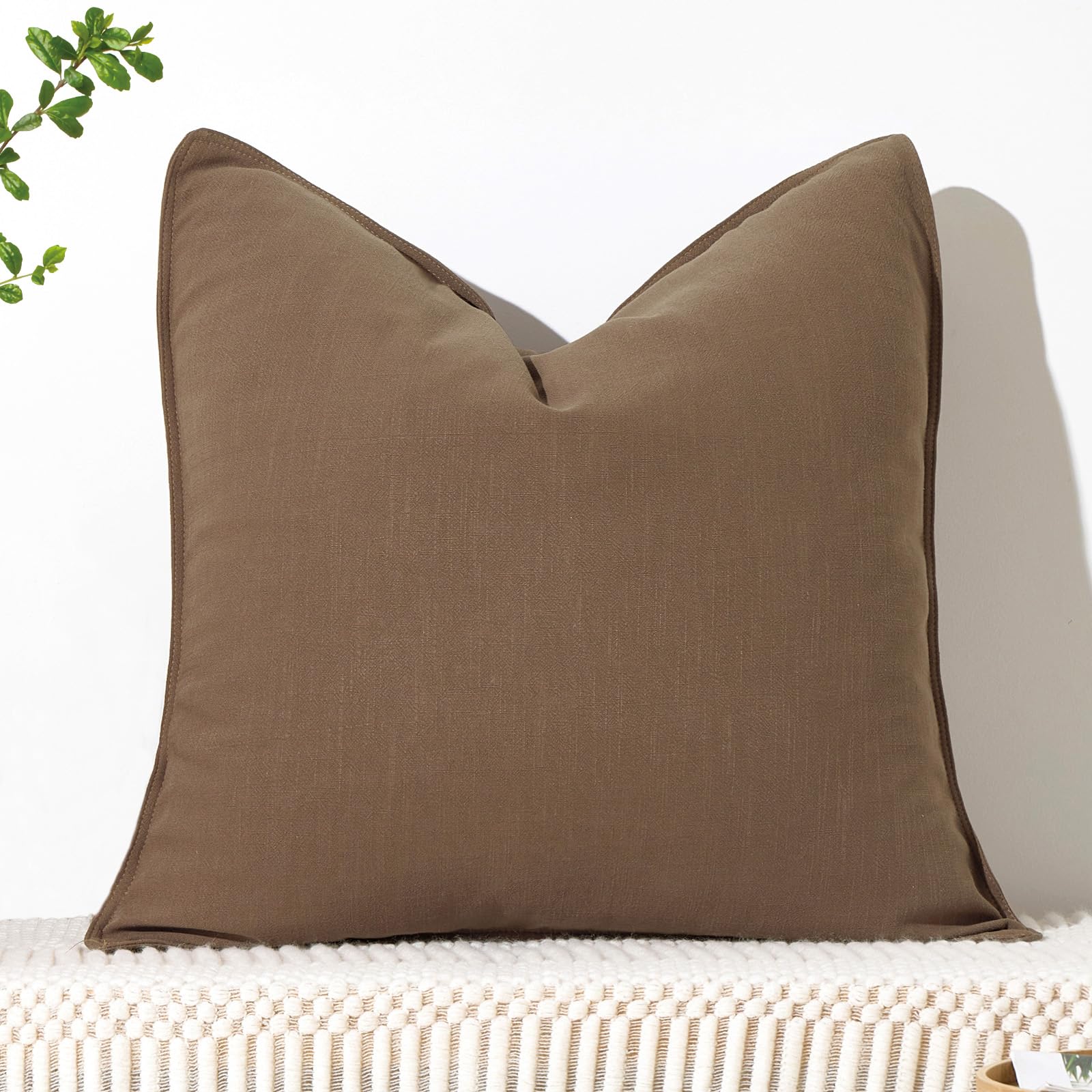 ORTIGIA 24x24 Linen Flange Edge Pillow Cover, Brown Decorative Square Throw Pillow Covers, Farmhouse Vintage Boho Solid Color Pi