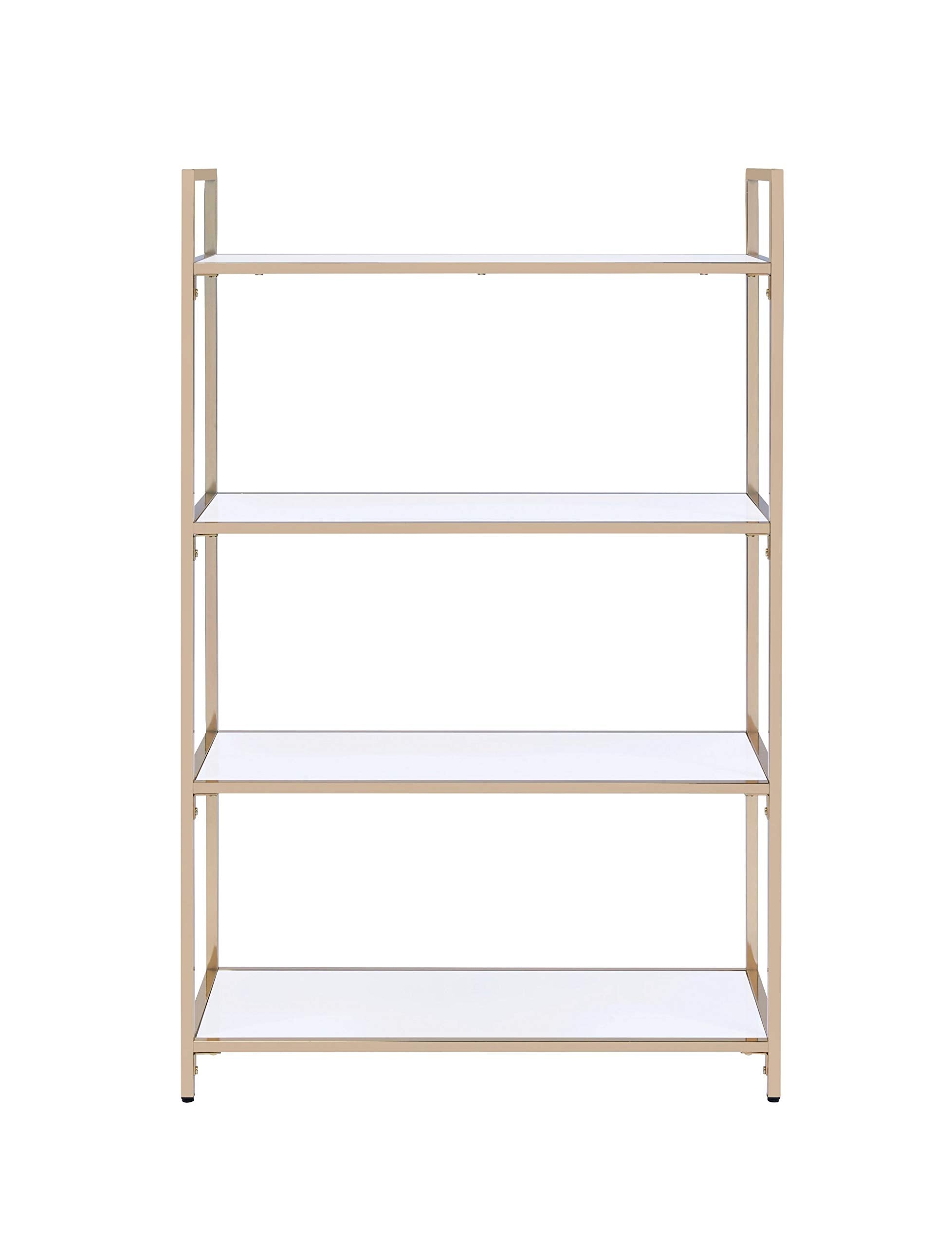 HomeRoots Metal, Wood • Engineered Wood Bookshelf, White High Gloss & Gold