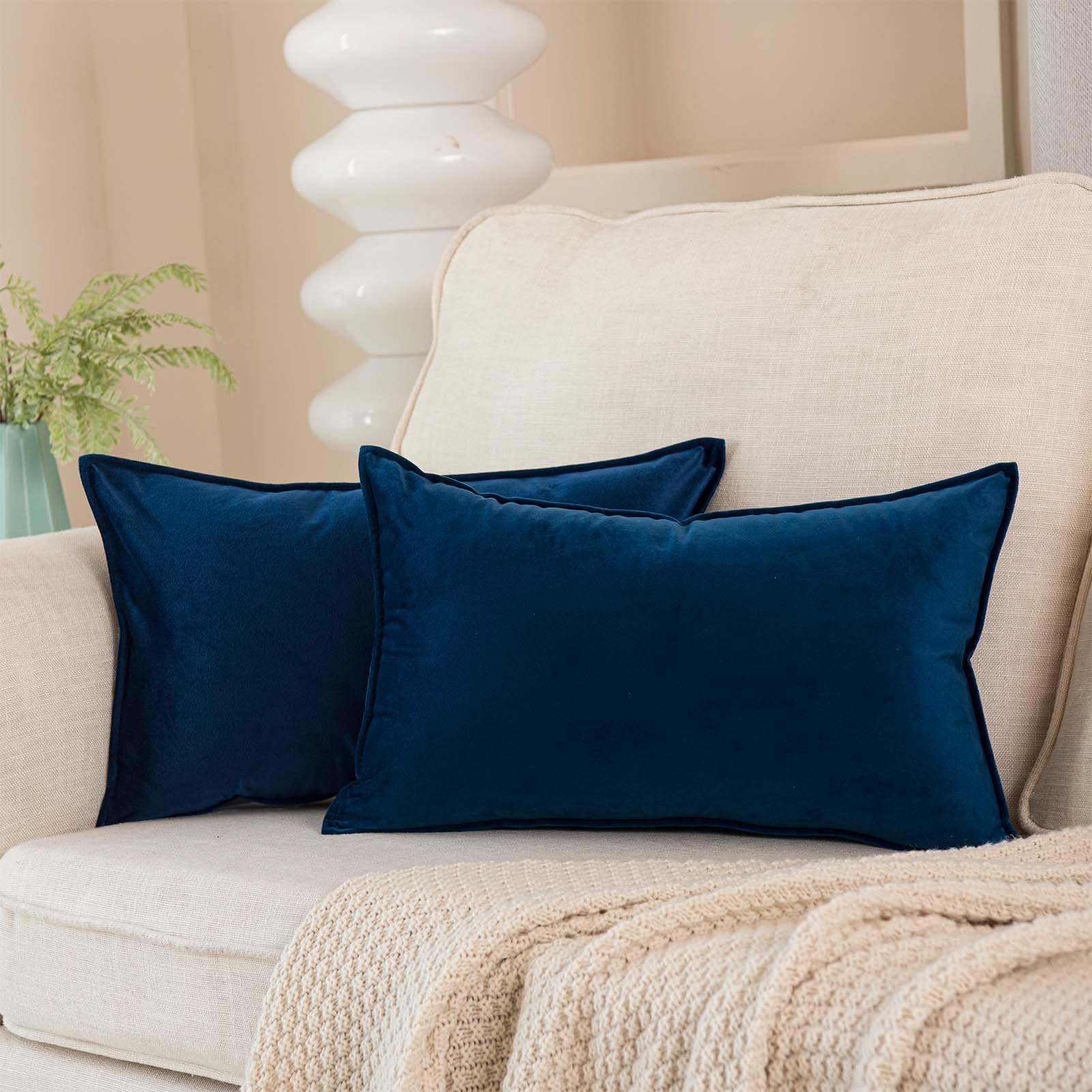 Juspurbet Navy Blue Decorative Lumbar Velvet Throw Pillow Covers 12X20 Inch Set Of 2,Broadside Soft Cushion Case With Invisible