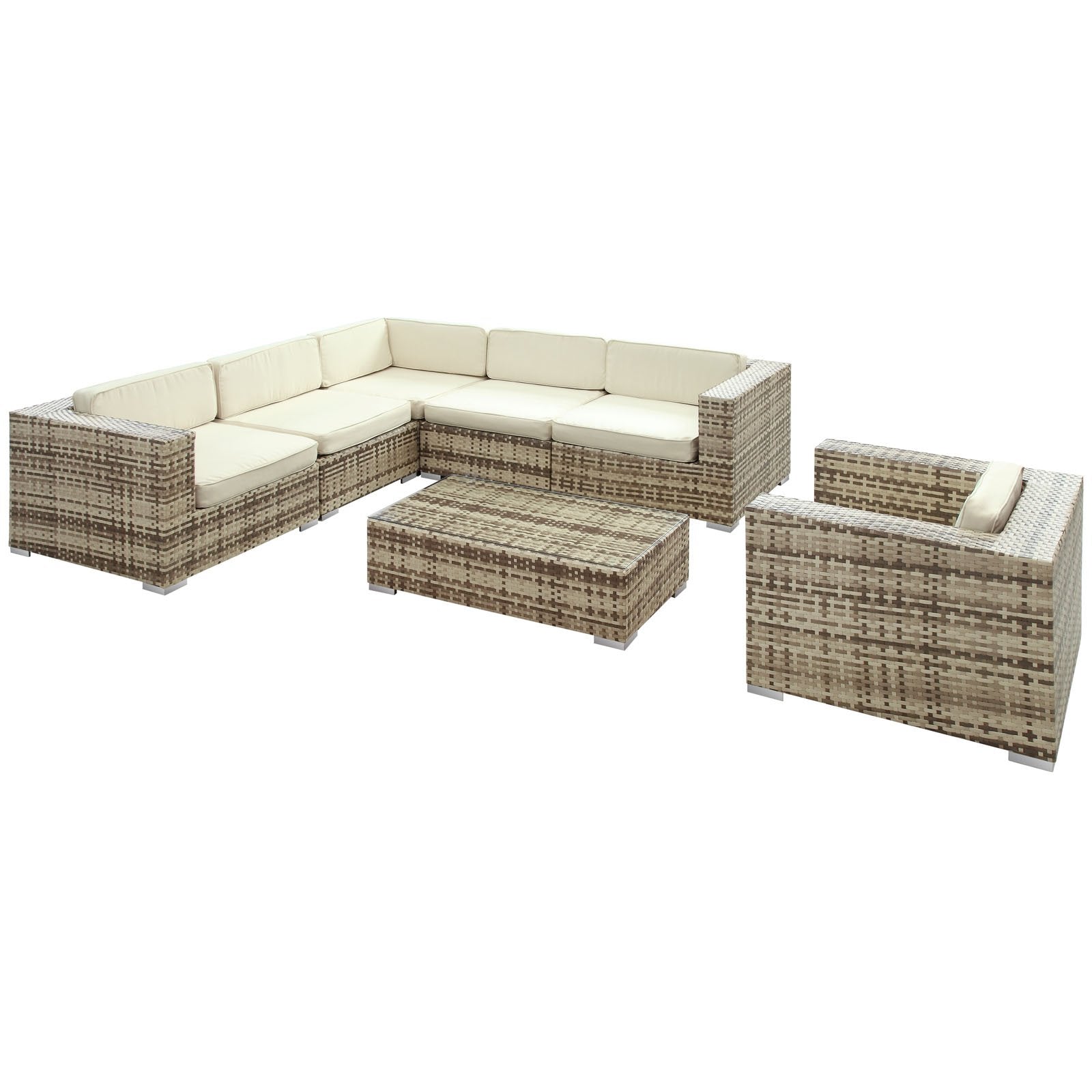 Lexmod Corona Outdoor Wicker Patio 7-Piece Sectional Sofa Set In Sepia With White Cushions