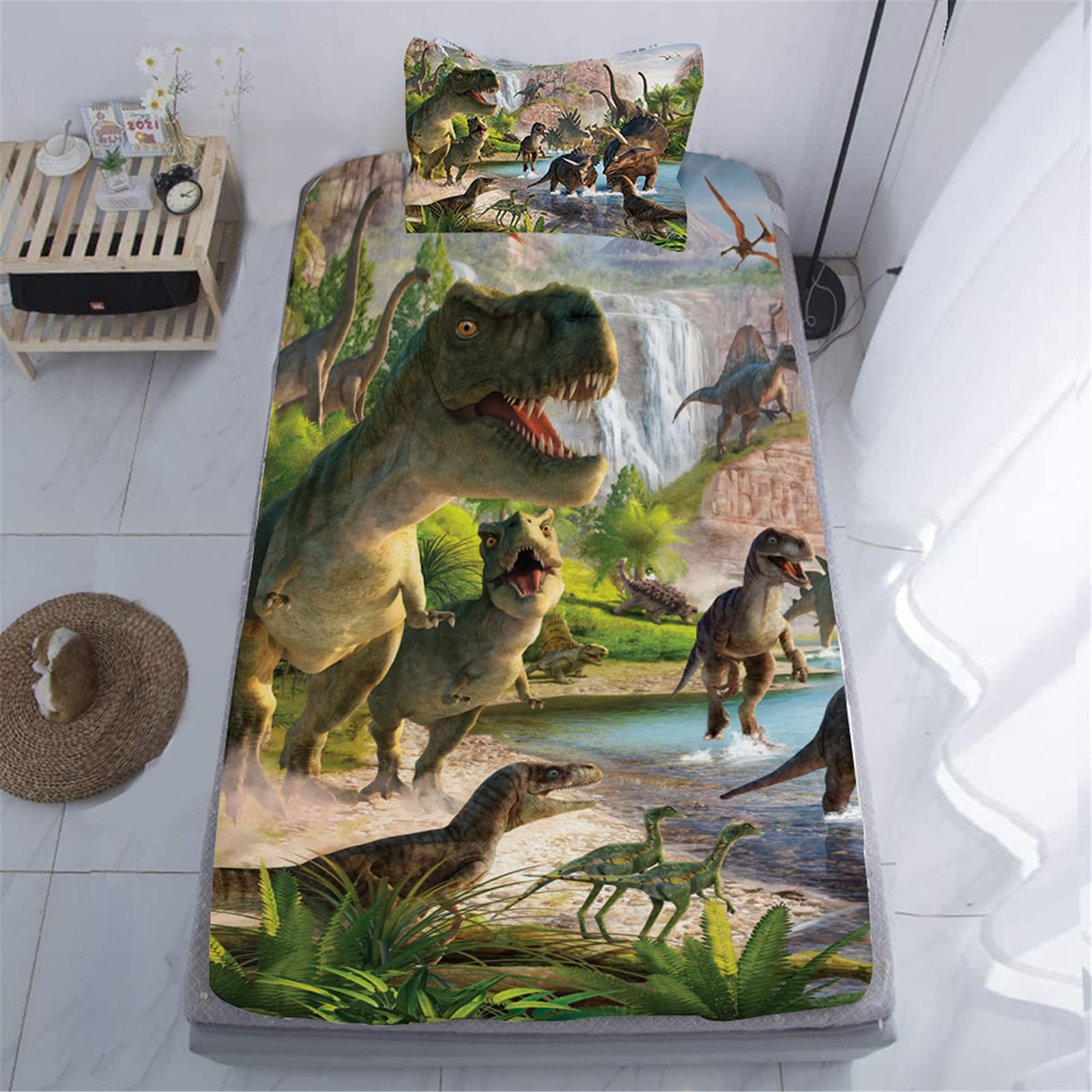 Niuone Dinosaurs Bed Sheets Twin For Boys,3D Realistic Dinosaur Green Fitted Sheets Set Ancient Jungle Dinosaur Bed Sheet Kids S