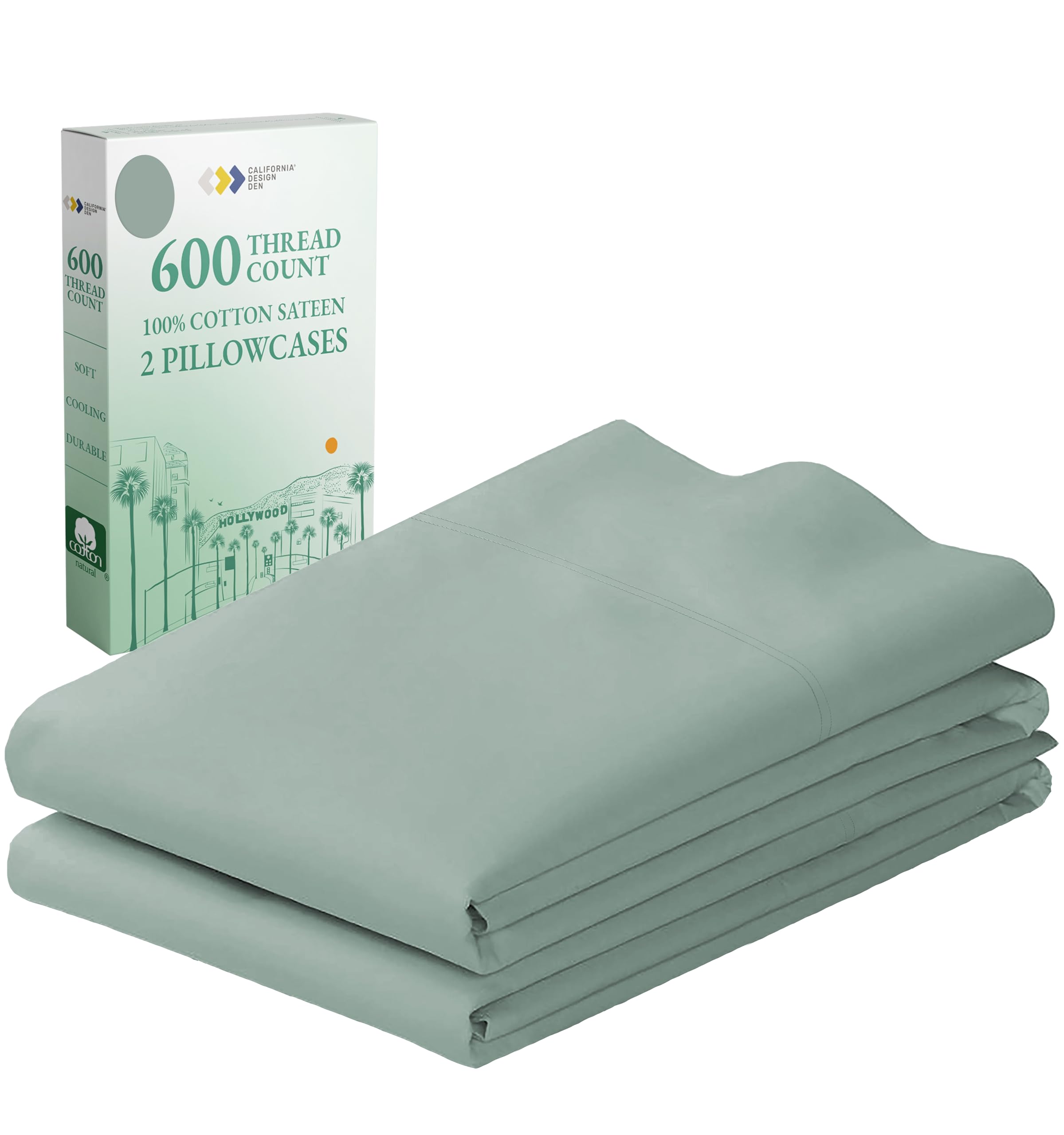 California Design Den Luxuriously Soft Hotel Quality 600 Thread Count, 100% Cotton Set Of 2 Cases, Crisp & Cool Bed Pillow Covers Standard Size Fits Standard & Queen Pillows (Sage Green)