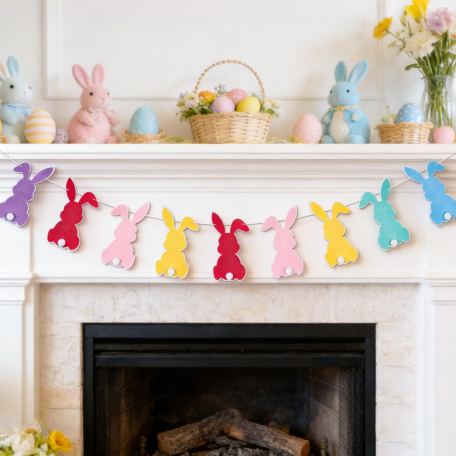 Whaline Easter Banner with String 12Pcs 3D Felt Bunny Tail Hanging Garland Pre-Assembled Spring Bunting Celebration Hanging Deco