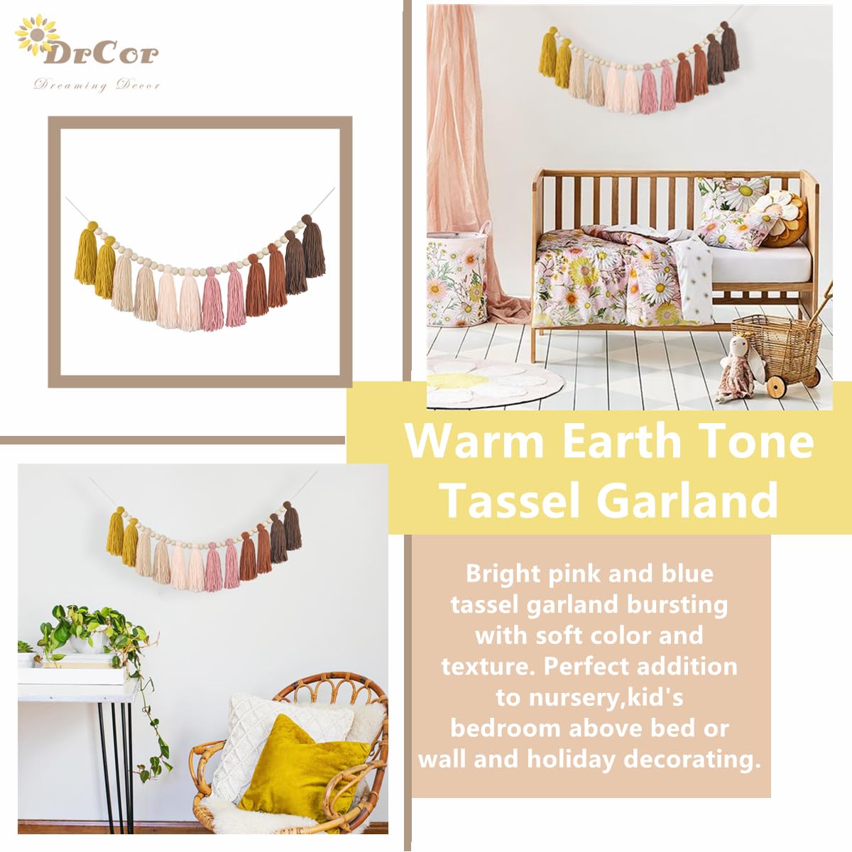 Drcor Boho Sun Yarn Tassel Garland Bunting Banner For Classroom Back To School Office Nursery Party Kids Bedroom Baby Shower Dec