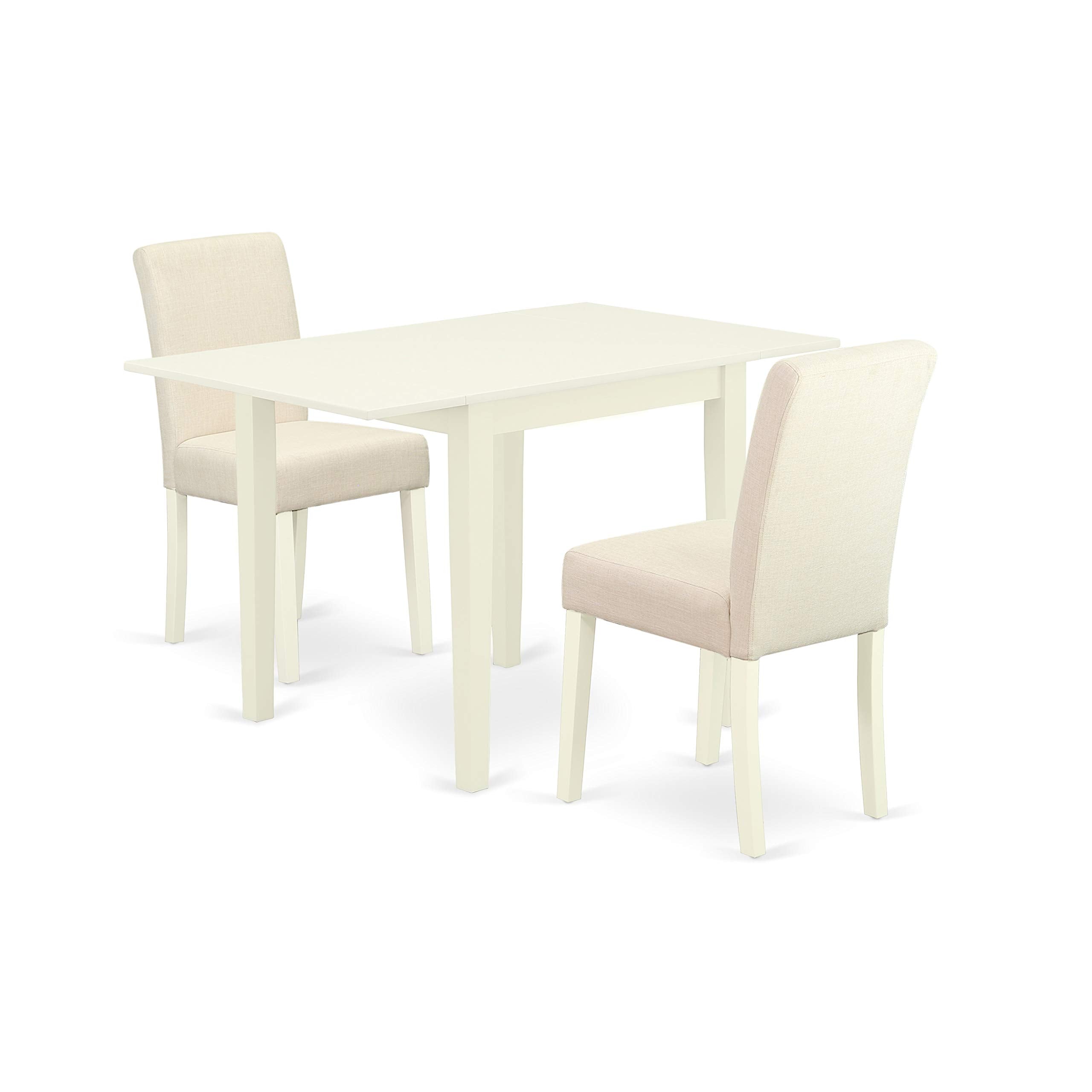 East West Furniture 3 Piece Kitchen Table Set Contains a Rectangle Dining Room Table with Dropleaf and 2 Light Beige Linen Fabric Parson Dining Chairs