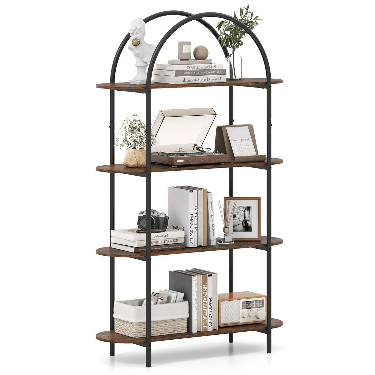 Giantex Arched Bookshelf, 4Tier Industrial Open Bookcase with Sturdy Metal Frame, Freestanding Display Storage Organizer for Li