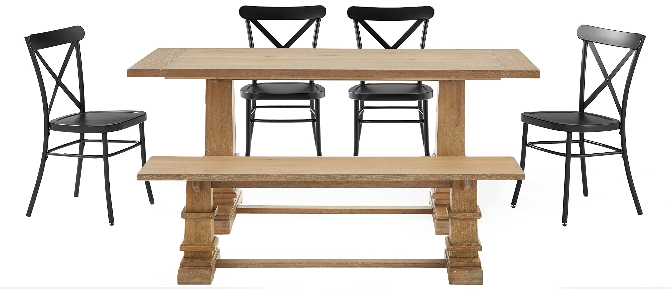 Crosley Furniture Joanna 6-Piece Modern Farmhouse Dining Table Set for 7 with 4 Metal Chairs and a Wood Bench, Rustic Brown