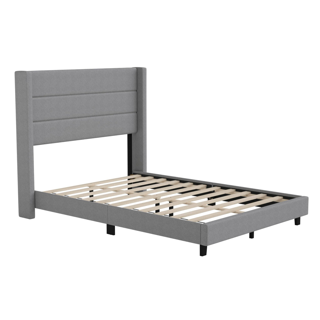 Flash Furniture Hollis Upholstered Platform Bed - Gray Faux Linen Wingback Headboard - Full - Mattress Foundation with Slatted Supports - No Box Spring Needed
