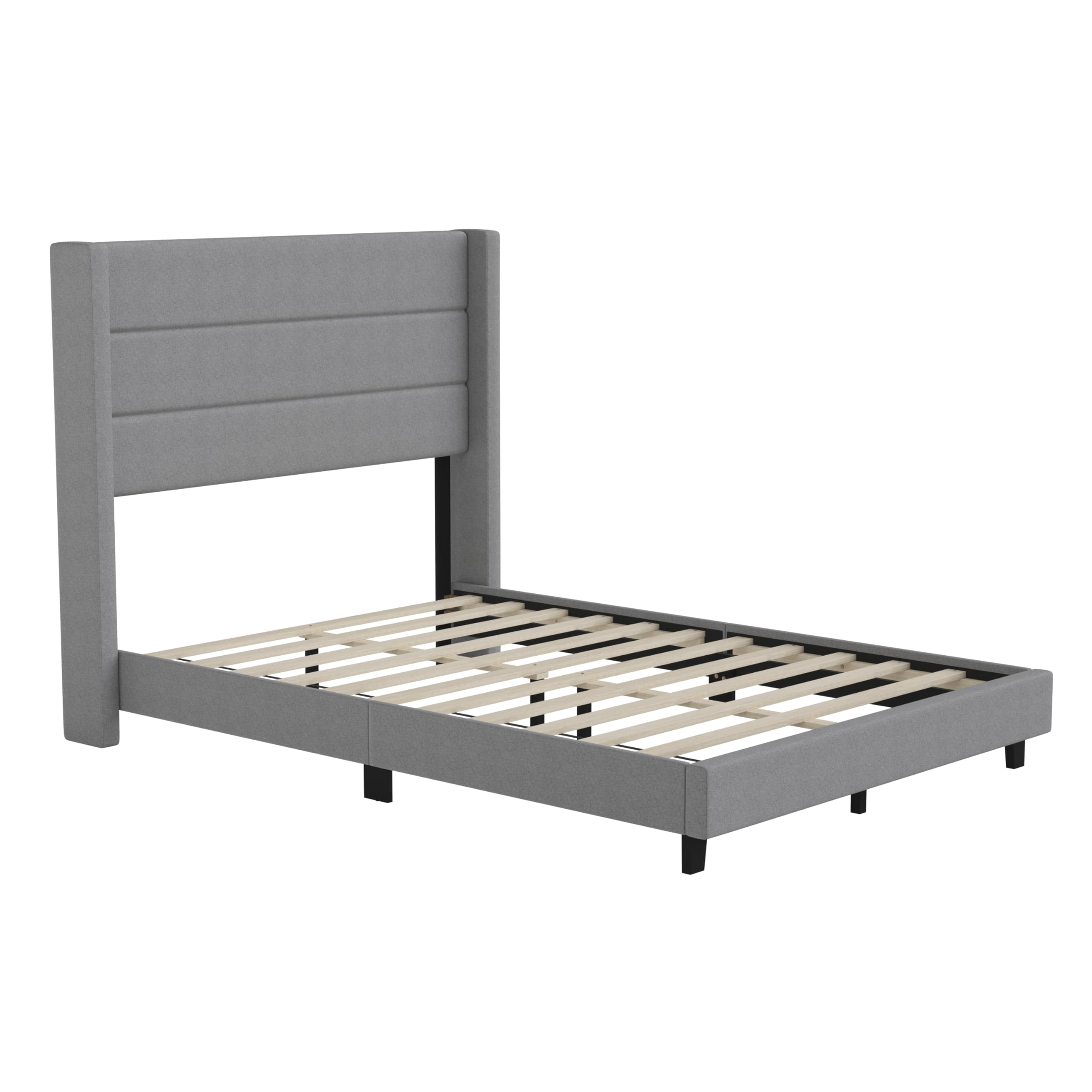Flash Furniture Hollis Upholstered Platform Bed - Gray Faux Linen Wingback Headboard - Full - Mattress Foundation with Slatted Supports - No Box Spring Needed