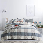 SUSYBAO Checkered Duvet Cover King 100% Washed Cotton Blue Plaid Duvet Cover 3 Pcs Set 1 Beige Grid Duvet Cover with Zipper Ties