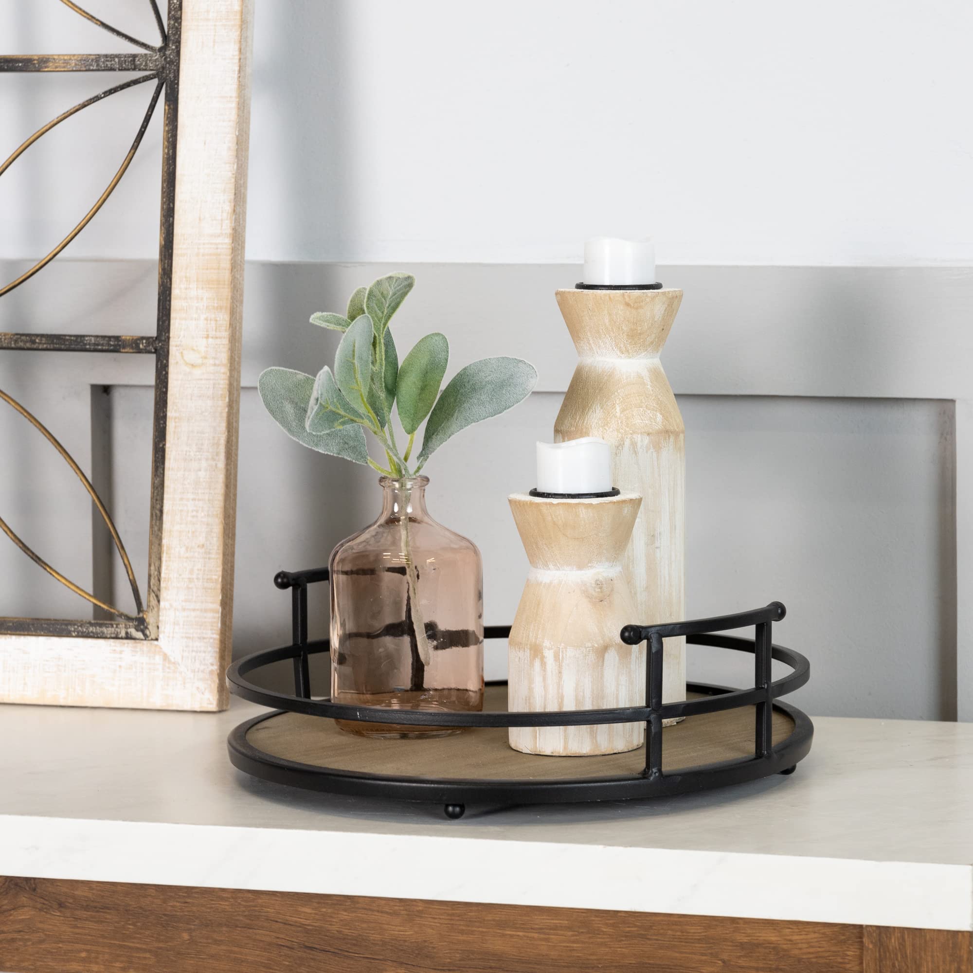 Stratton Home Decor Metal And Wood Round Tray | Wooden Coffee Table Tray Decor For Empty Table Surfaces | Decorative Round Serving Tray With Handles