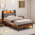 Novilla Twin Bed Frames for Kids with Charging Station and LED Lights, Upholstered Headboard with Storage Shelves, Heavy Duty Me
