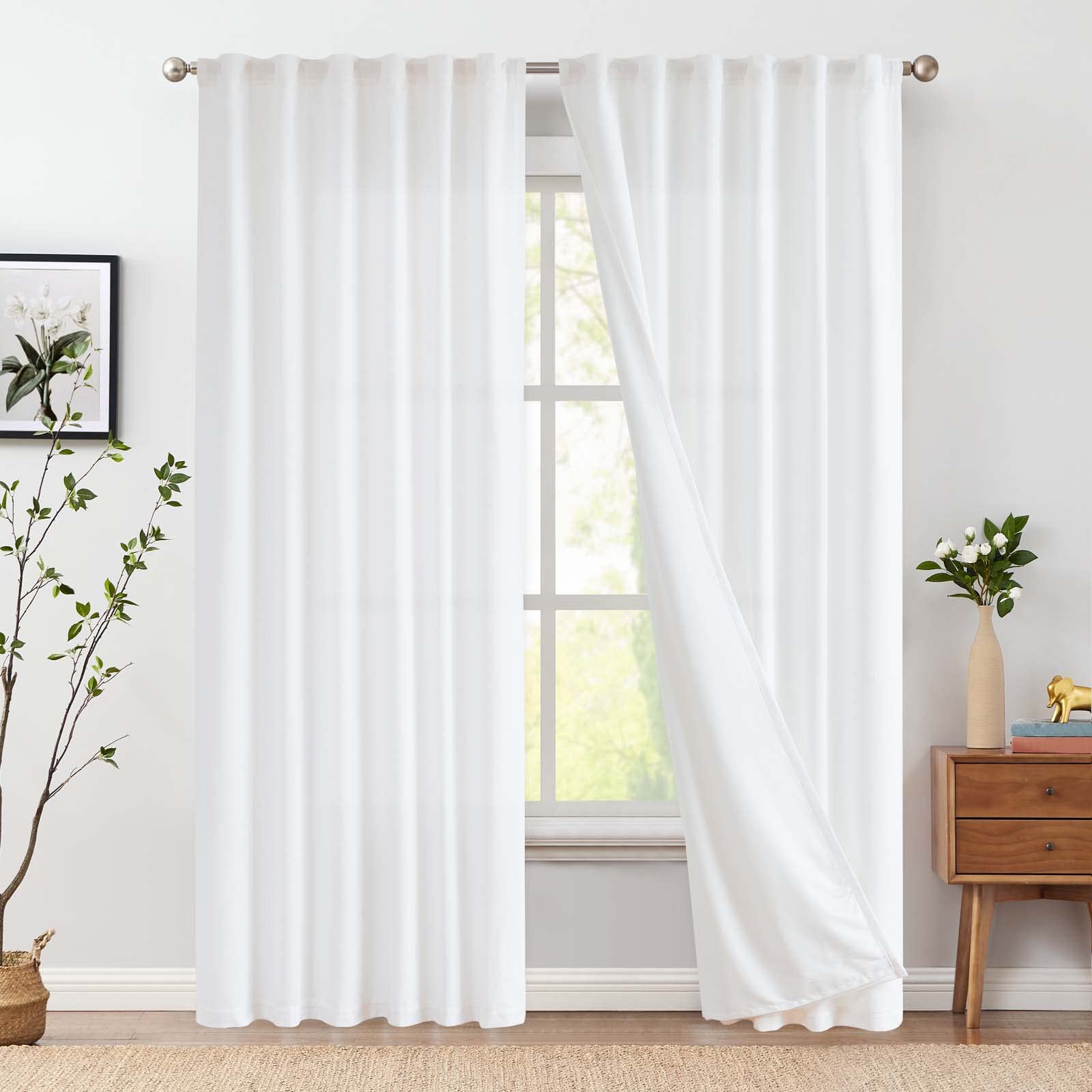 Jinchan Linen Blend White Curtains 108 Inches Extra Long For Living Room Farmhouse Rod Pocket Back Tab Light Filtering Window Drapes With Lined For Bedroom Off White 2 Panels