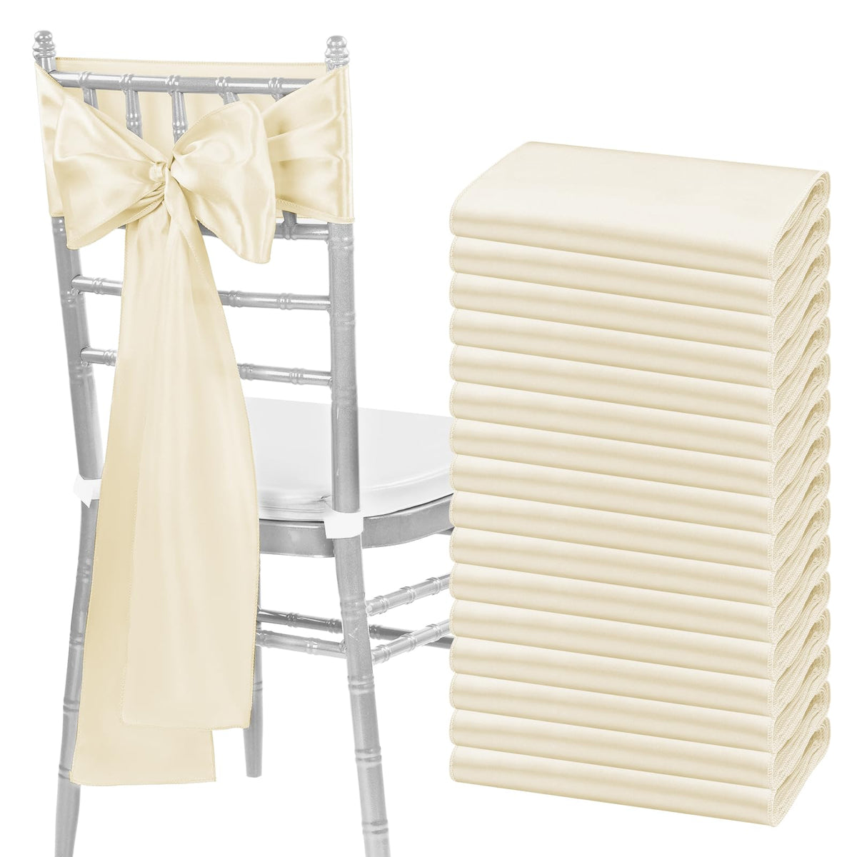 Fani 60 Pcs Ivory Satin Chair Sashes Bows Universal Chair Cover For Wedding Reception Restaurant Event Decoration Banquet,Party,