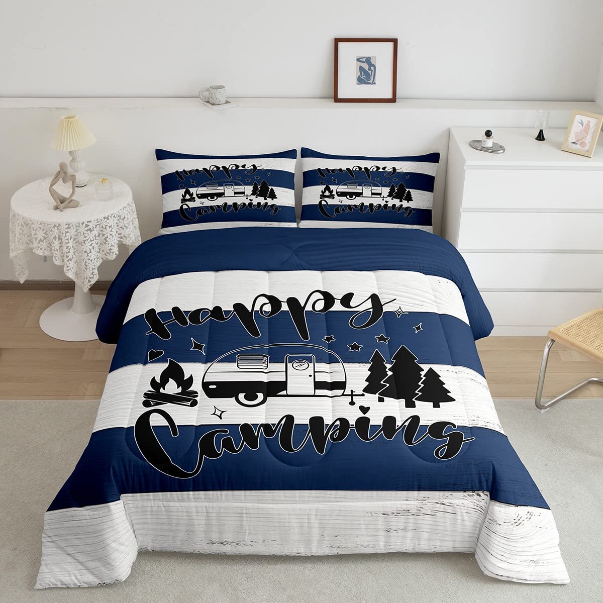 Happy Camping Comforter Set Queen Size,Camper Rv Trailer Decor Bedding Set 3Pcs For Kids Boys Girls Adults,Rustic Farmhouse Wood