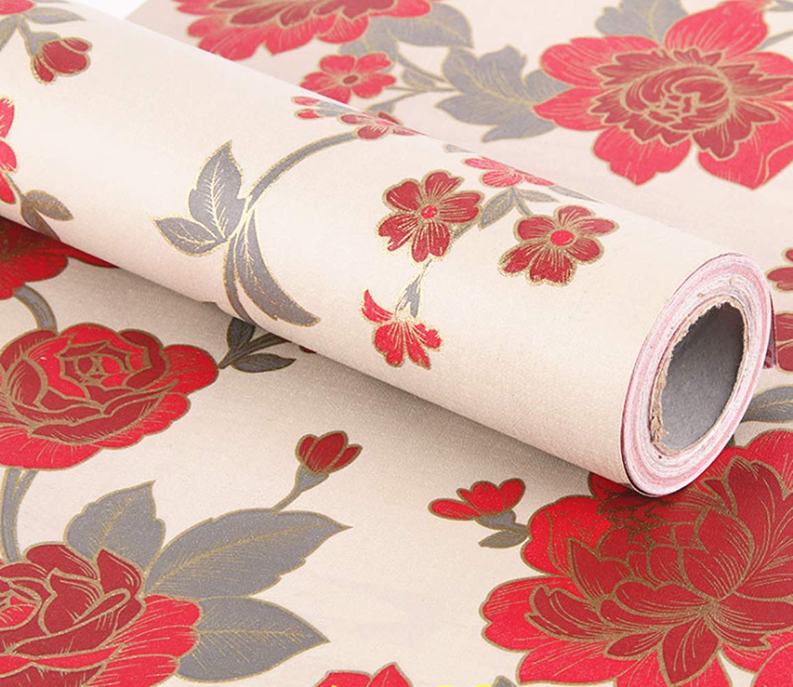 Red Floral Decorative Adhesive Paper Shelf Liner Peel and Stick Wallpaper for Kitchen Cabinets Drawers Countertops 17.7inch by 1