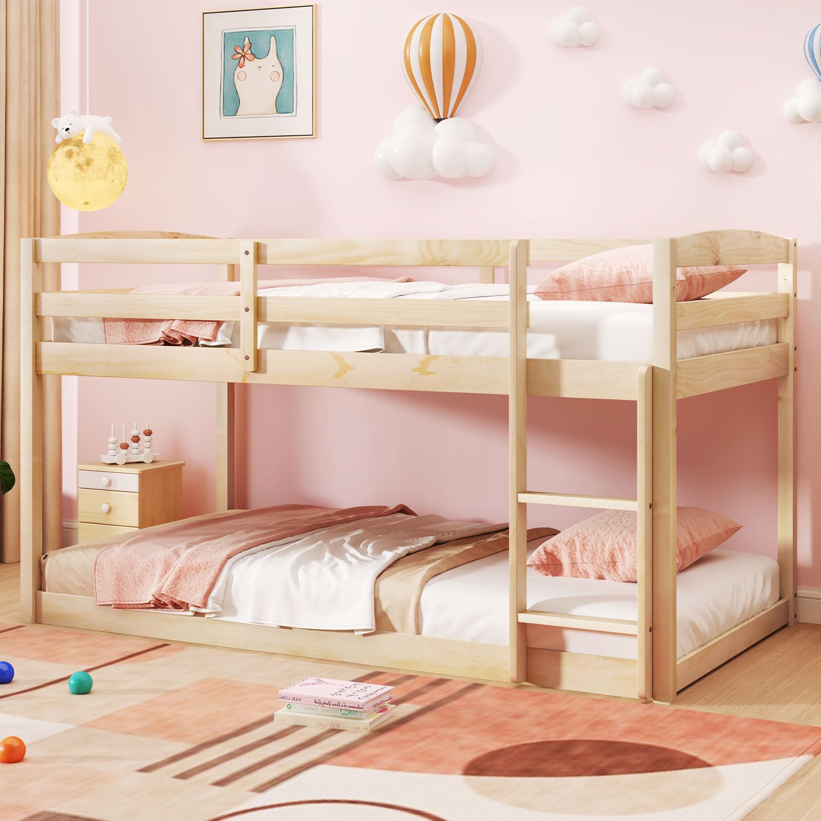 Giantex Twin Low Bunk Bed, Solid Wood Twin Over Twin Bunk Bed Frame with Full Guardrails & Integrated Ladder, Floor Twin Bunk Be