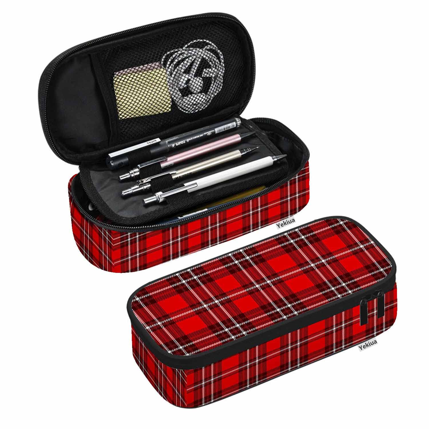 Yekiua Plaid Check Pencil Pouch Scottish Tartan High Capacity Pencil Case Stationary Bag Cosmetics Bag Red White