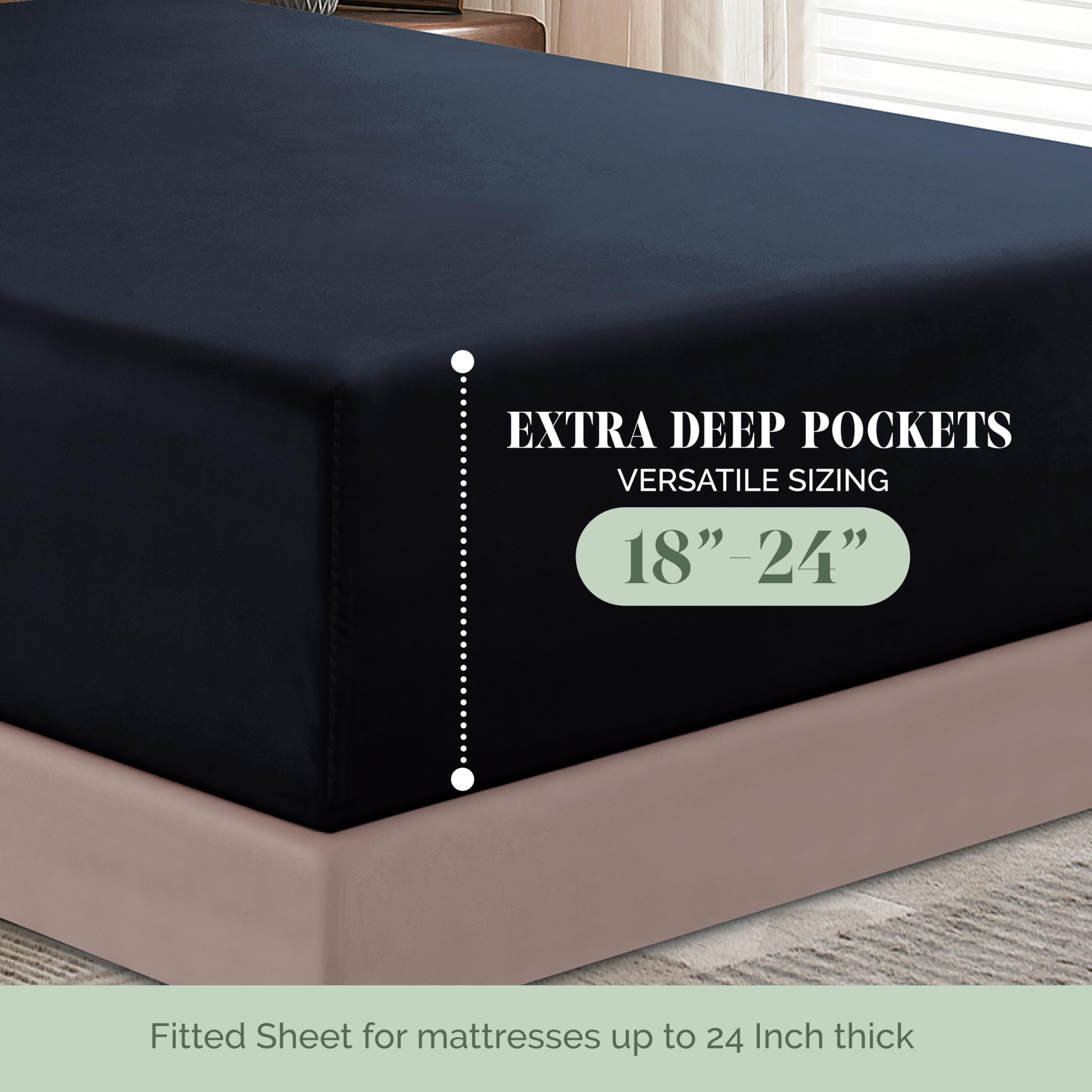 Elegant Comfort 1500 Premium Hotel Quality 18-24 Inches Deep - Extra Deep Pocket Single Fitted Sheet For High Mattress, Luxury And Softest, Smart Pocket - Wrinkle Free, California King, Black