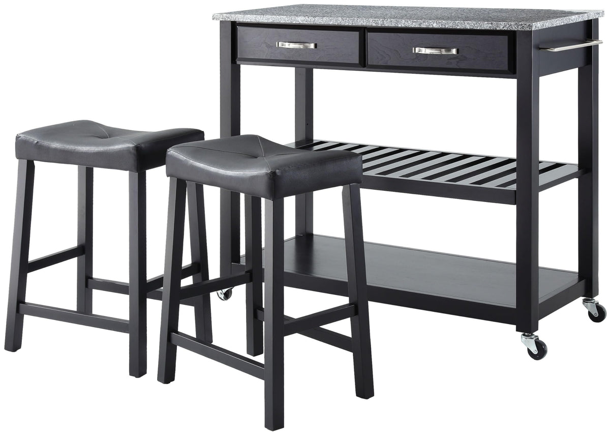 Crosley Furniture Granite Top Kitchen Prep Rolling Cart, Coffee Bar, With Set Of 2 Upholstered Saddle Stools, Black