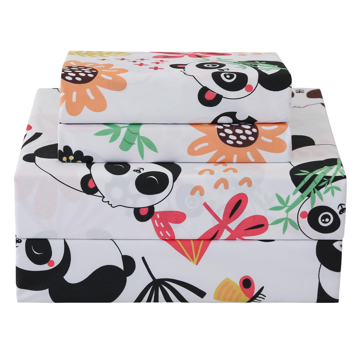 Jsd Panda Floral Kids Sheet Set Full 4 Piece, Printed Microfiber Bed Sheets For Boys Girls Deep Pocket