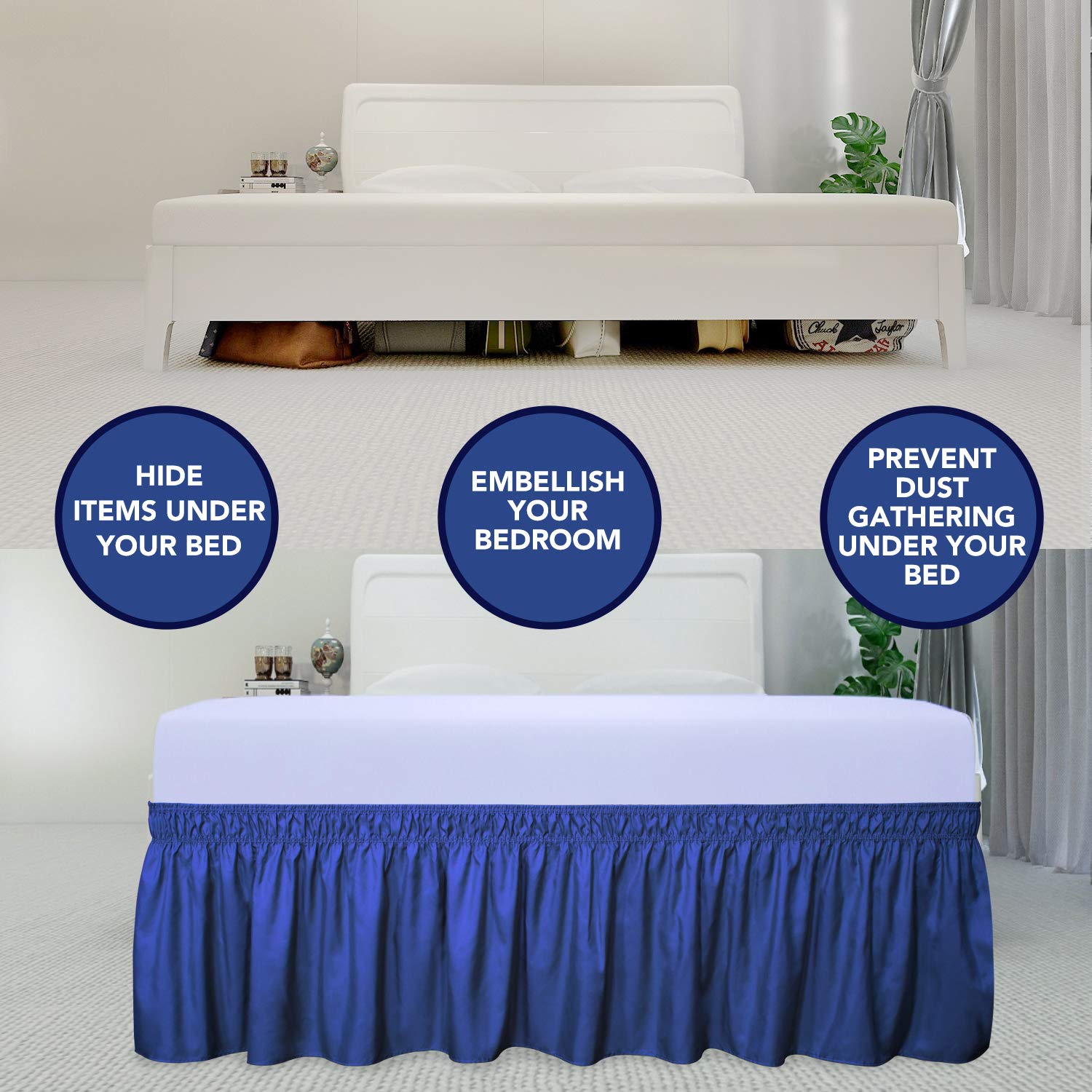 Purefit Wrap Around Ruffled Bed Skirt With Adjustable Elastic Belt - 14 Inch Drop Easy To Put On, Wrinkle Free Bedskirt Dust Ruffles, Bed Frame Cover For Twin, Twin Xl And Full Size Bed, Classic Blue