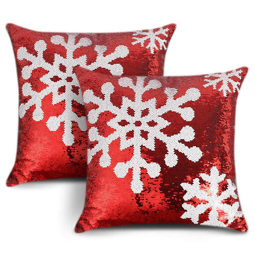 Otostar Sequin Christmas Snowflake Throw Pillow Covers 18X18 Inch Set Of 2 Packs Sparkle Decorative Pillowcases Magic Red Cushio