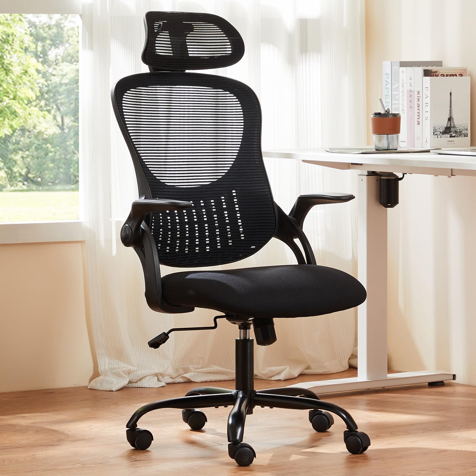 Sweetcrispy Home Office Managerial Executive Chair, High-Back Mesh with Adjustable Headrest, Flip-up Armrest Comfortable Lumbar 