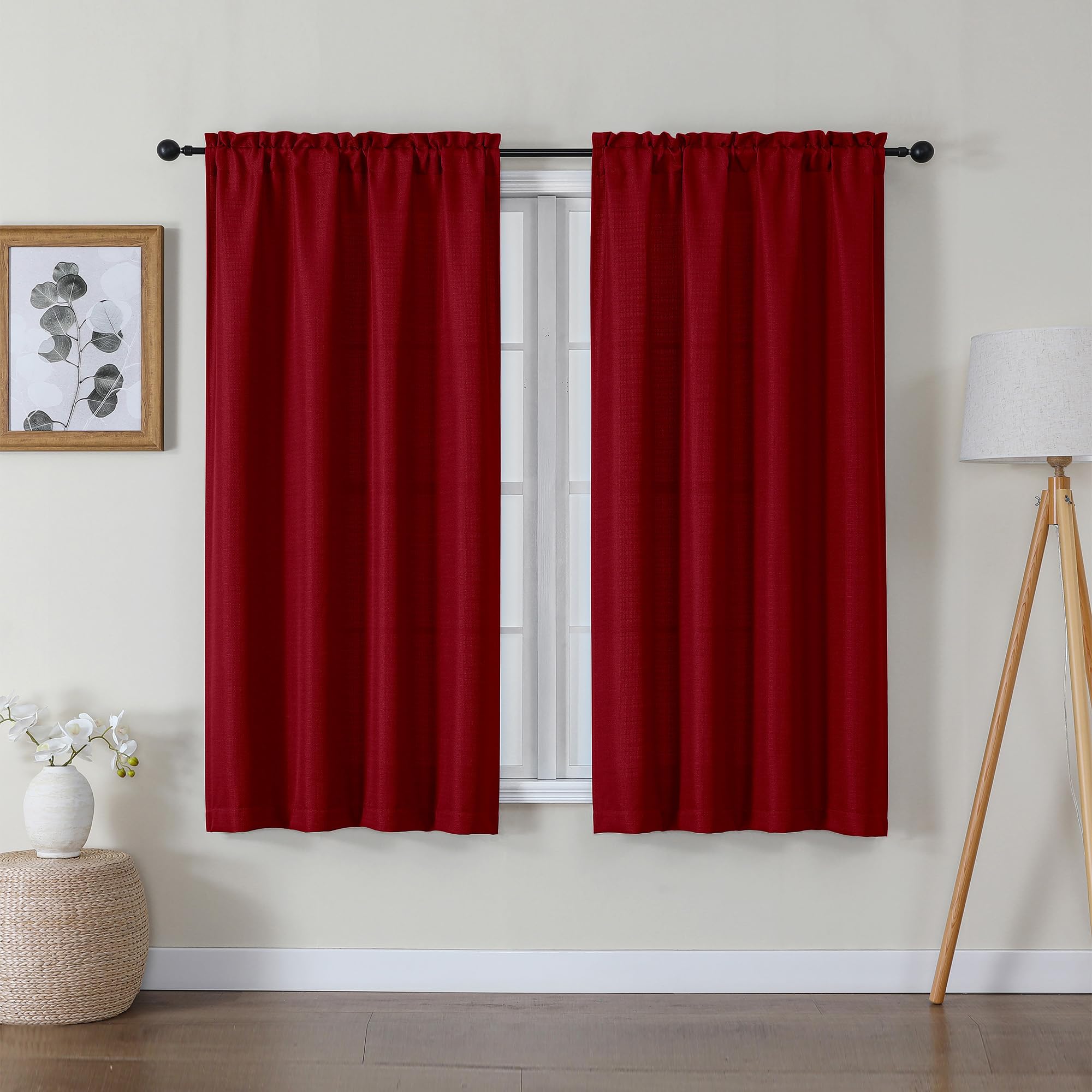 Lecloud Bessie Red Curtains 54 Inch Length 2 Panels Set, Airy Faux Linen Textured Light-Filtering Christmas Soft Curtains, Rod P