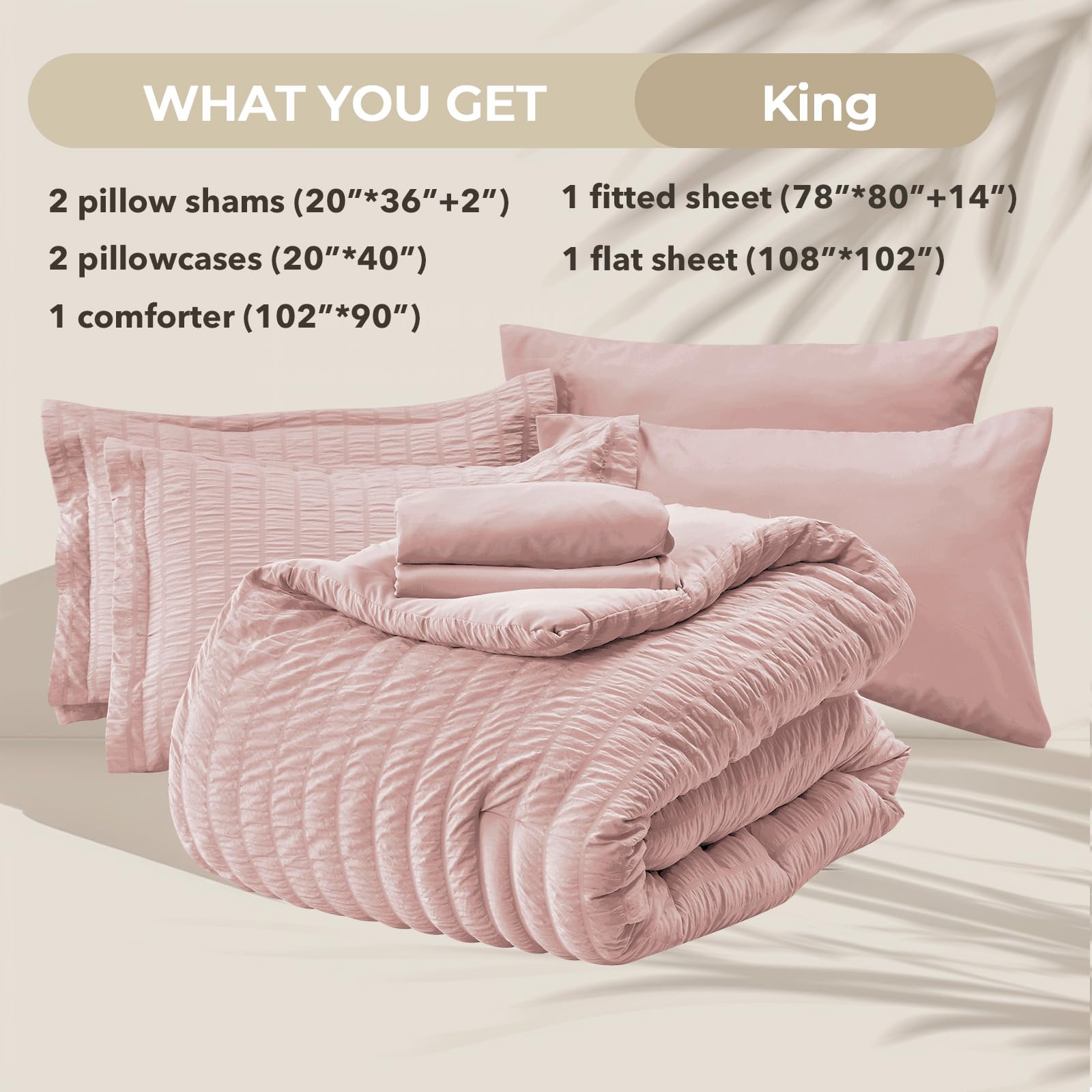 Hymokege Rose Gold King Size Comforter Set Seersucker 7 Pieces, All Season Luxury Bed In A Bag For Bedroom, Bedding Set With Com