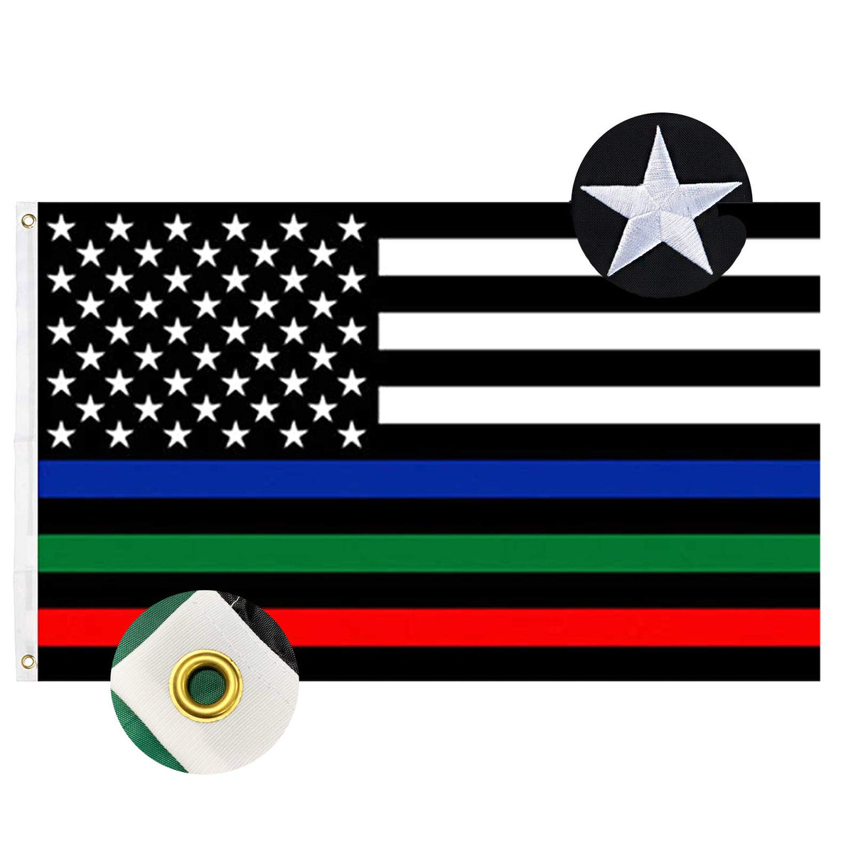 Embroidered Thin Blue Green Red Line Flag- 3X5 Outdoor Heavy Duty 210D Polyester All Lives Matter Police Firefighter Military Fl