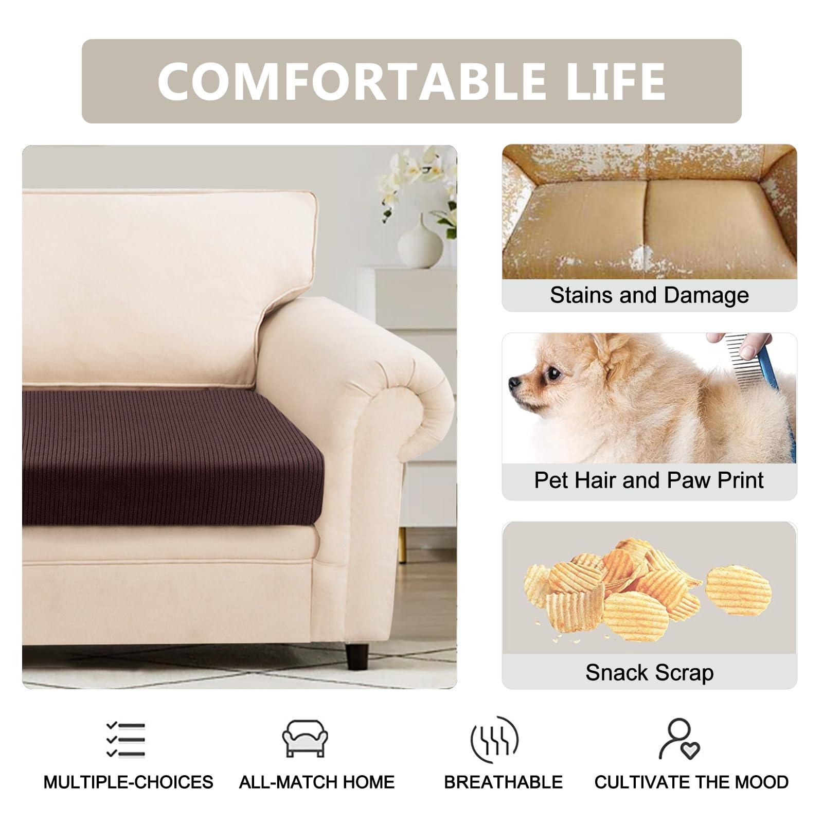 Searchi Stretch Jacquard Sofa Couch Cushion Covers Replacement Cushion Slipcovers Stretch Sofa Seat Cover Furniture Protector Sofa Slipcover Soft With Elastic Bottom(Small, Reddish Brown)