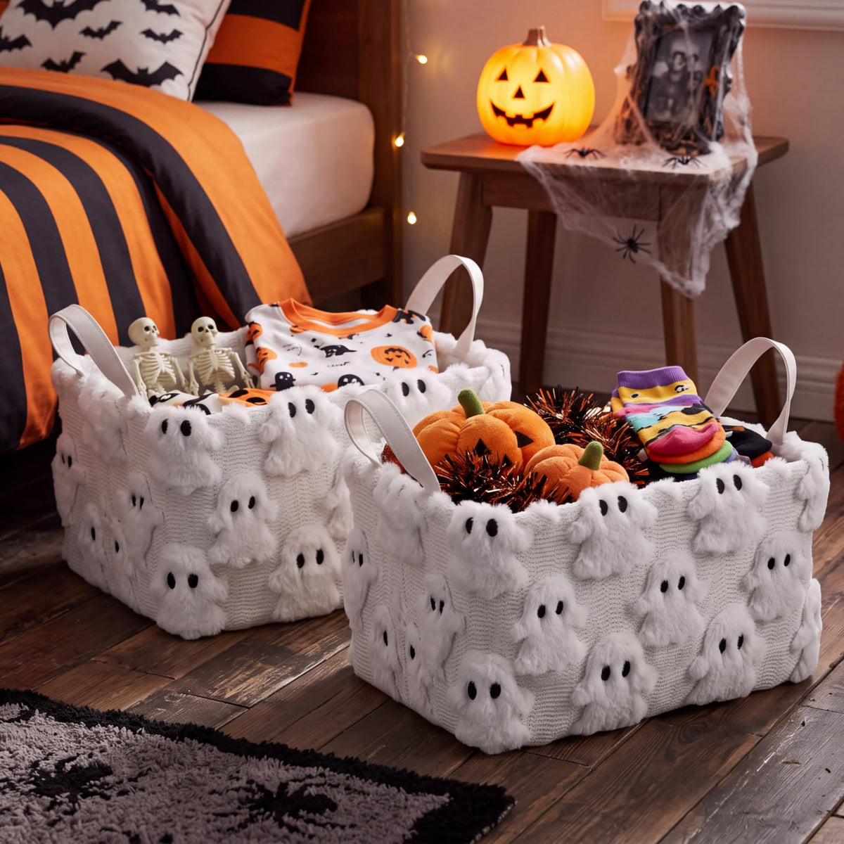Yiyiring 2 Pcs Halloween Ghost Storage Basket with Handle Foldable,White