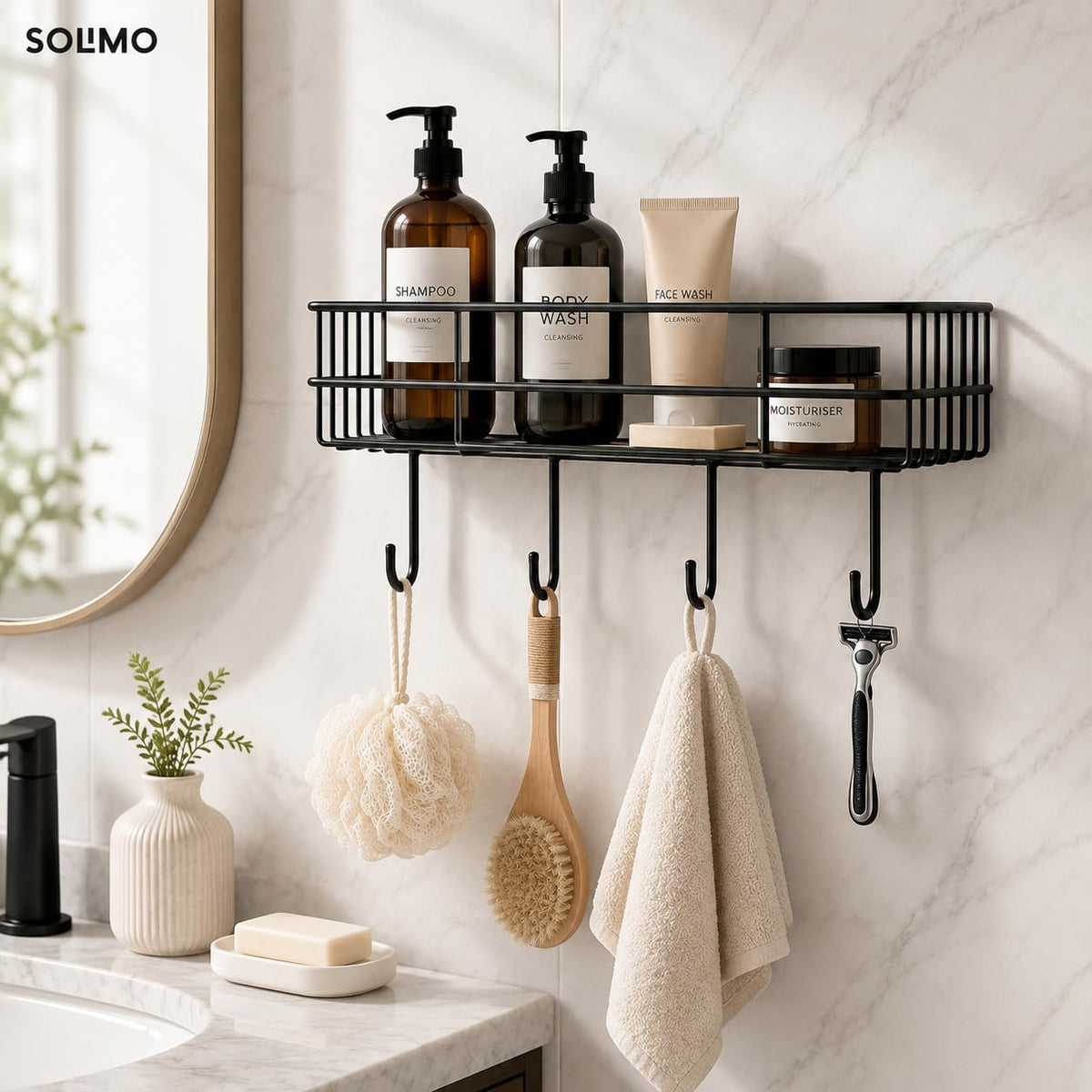 Amazon Brand  Solimo Hook Bath Rack for Bathroom, Wall Mounted Metal Shower Caddy Organizer with 4 Hooks, Rust Resistant Space