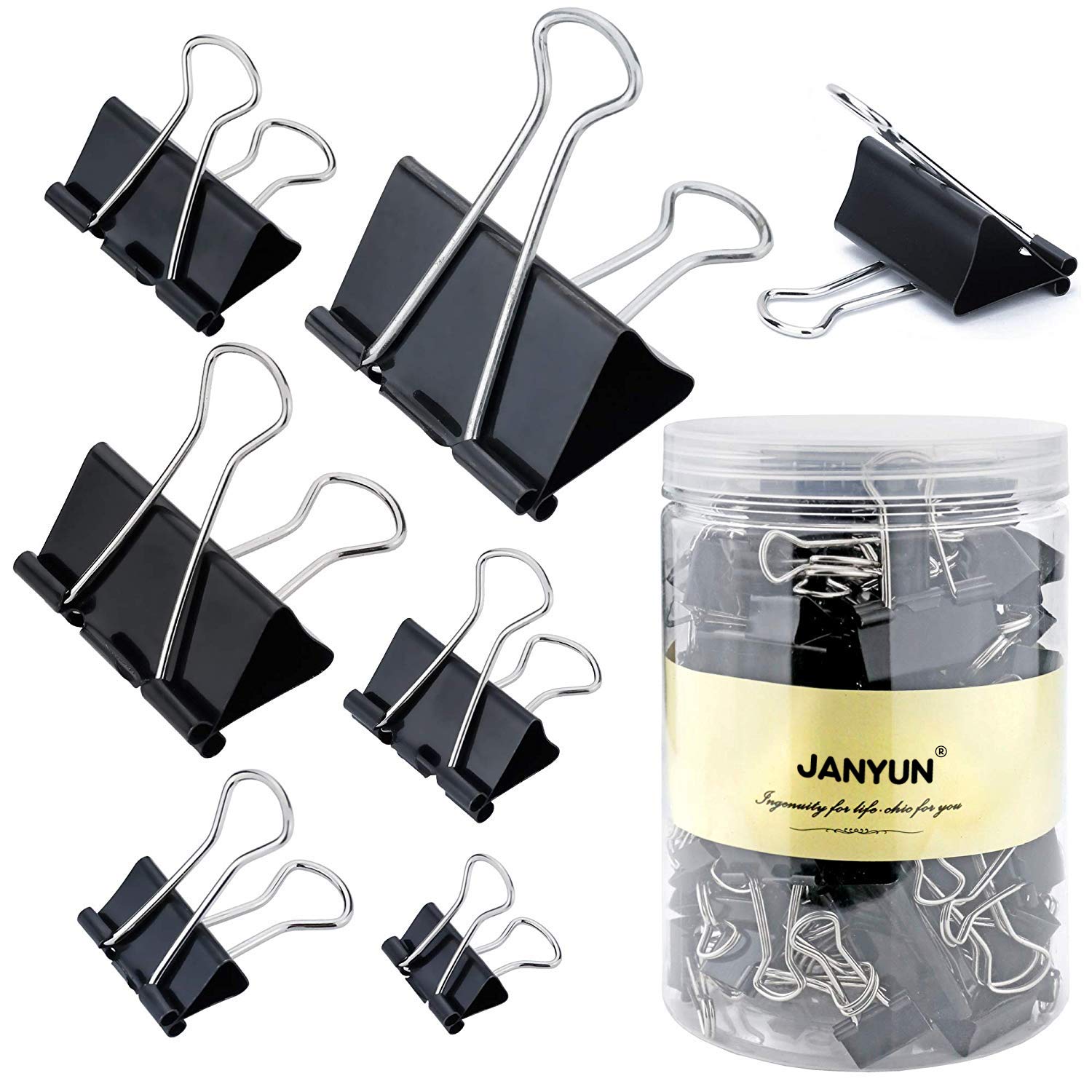 Janyun 150Pcs Large Binder Clips 6 Assorted Sizes Paper Clamps Clip For Paper Metal Clip Office School Home Supplies (Black)