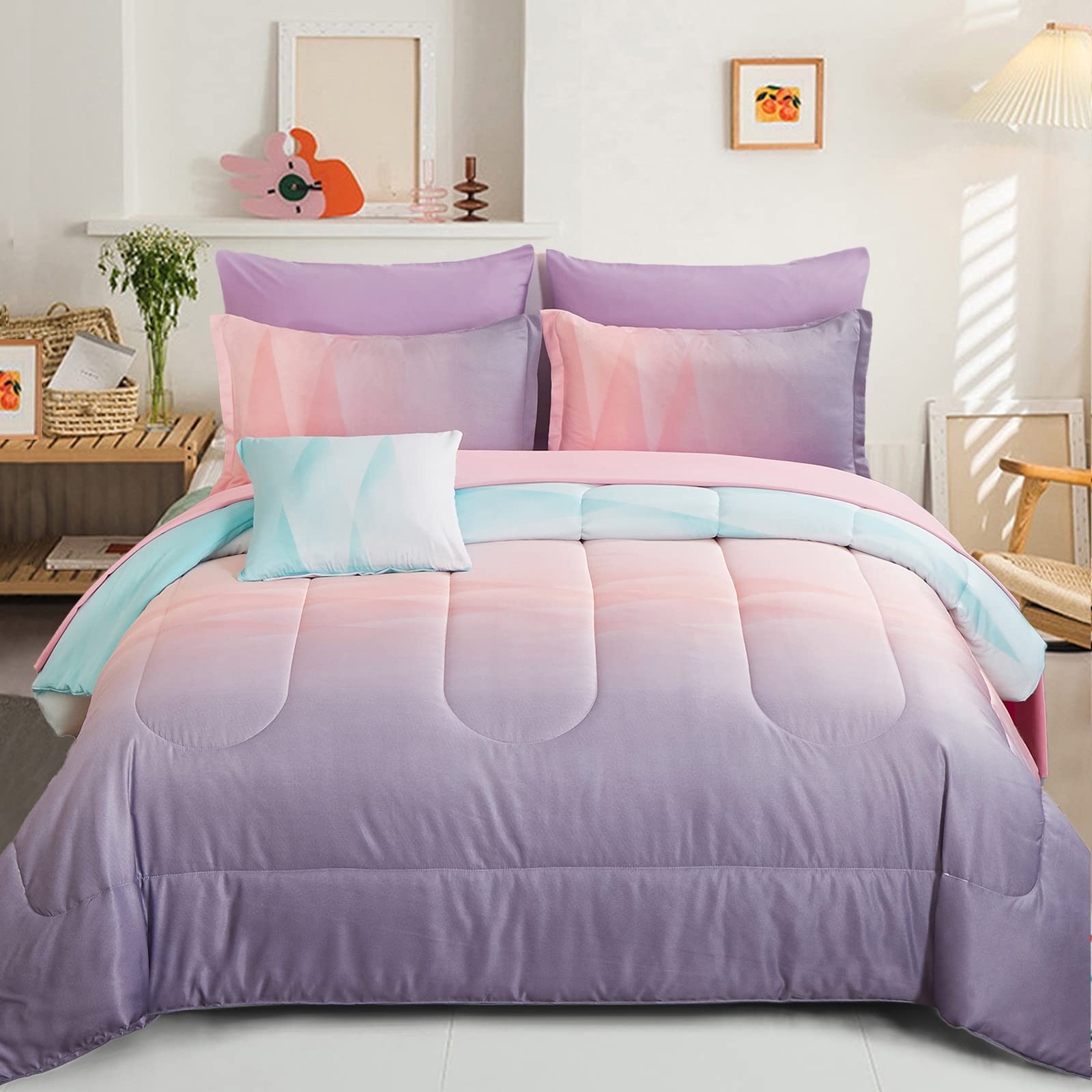 Girls Comforter Set Twin Size Colorful Ombre Blue Pink Purple Rainbow Bedding Set 6 Pieces Bed in A Bag for Kid Teen (1 Comforte