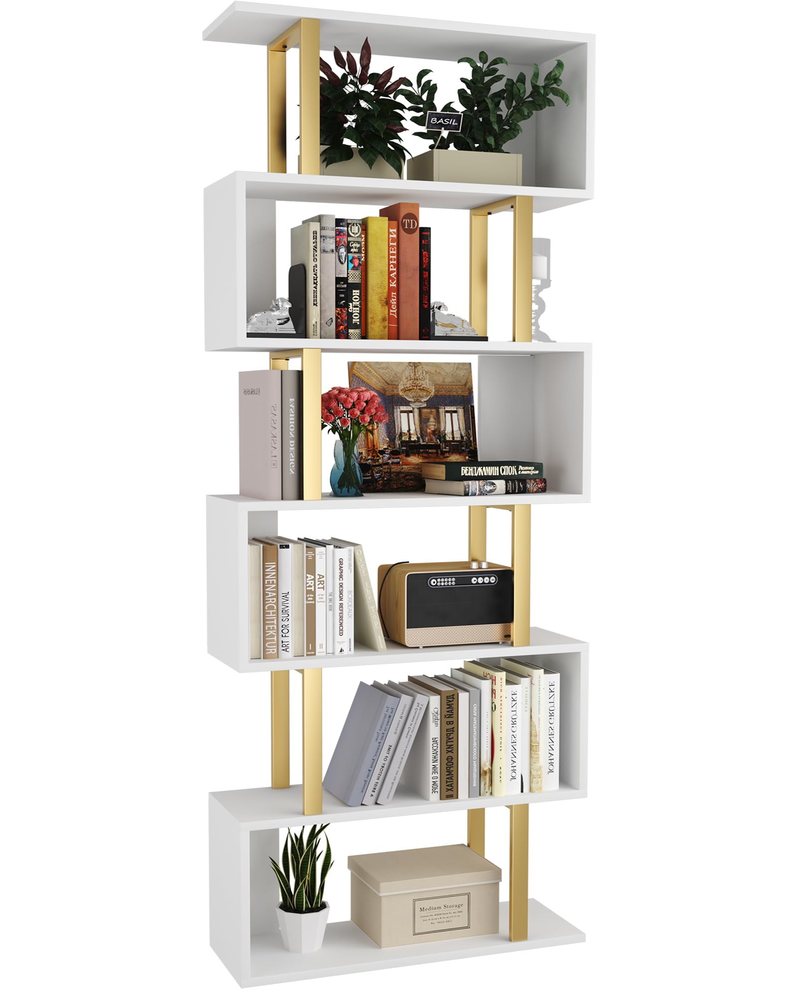 Yusong Geometric Bookcase, S Shaped Bookshelf 6-Tier Book Shelves For Bedroom, Modern Wood Decorative Display Shelf Tall Book Case For Home Office, Gold And White