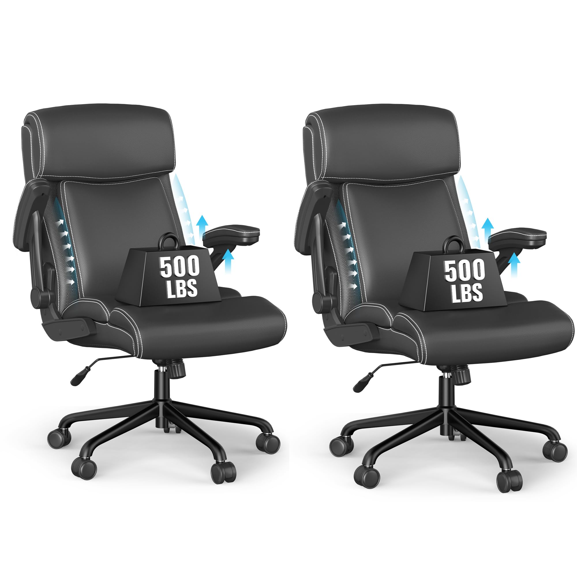 Ralex-Chair 2Pack Executive Office Chair, Big And Tall, 500Lbs Capacity, Ergonomic, High Back, Leather, Flip-Up Armrests, Adjust