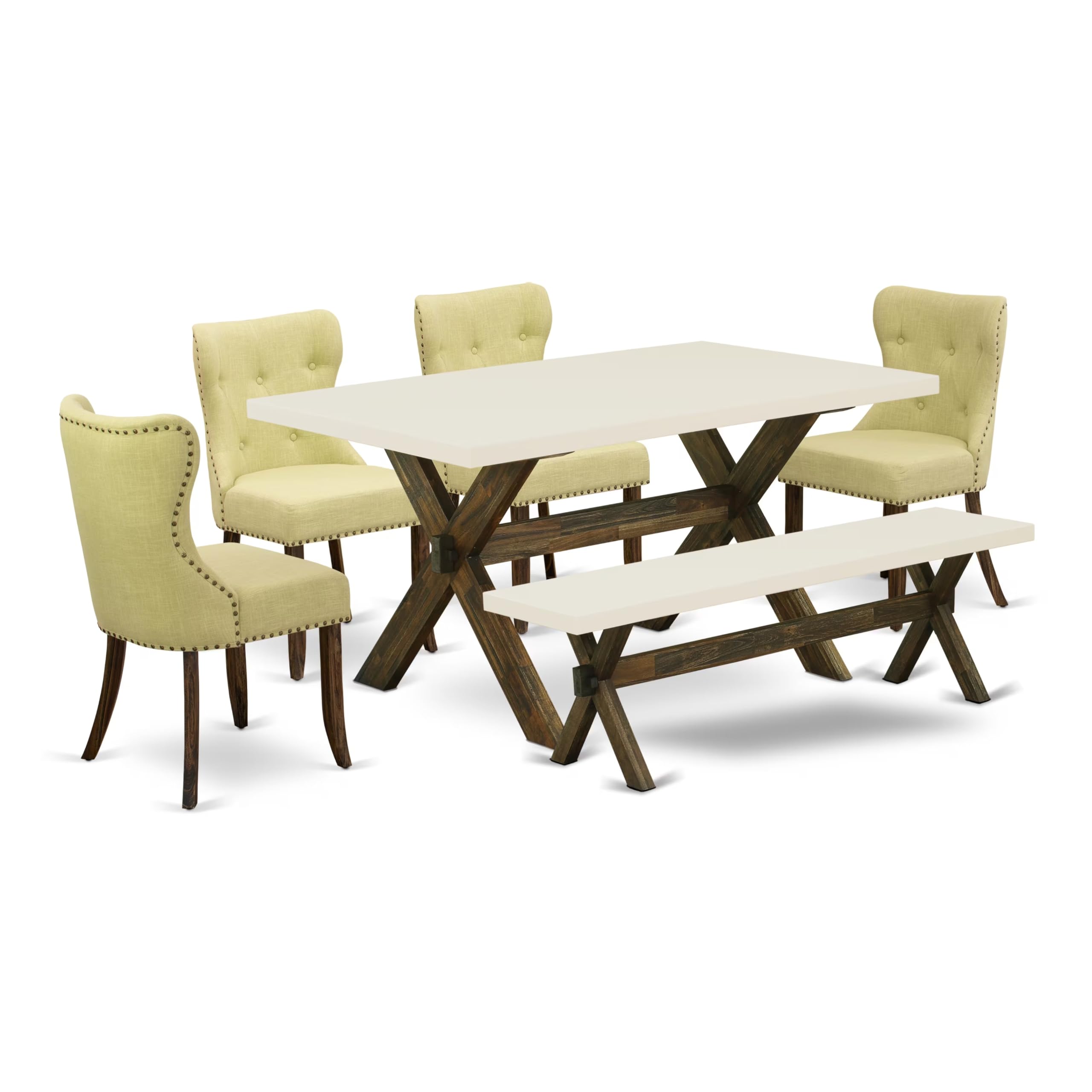 East West Furniture X726Si737-6 6 Piece Dining Table Set Contains A Rectangle Dining Room Table And 4 Limelight Linen Fabric Parson Chairs With A Bench, 36X60 Inch, Multi-Color