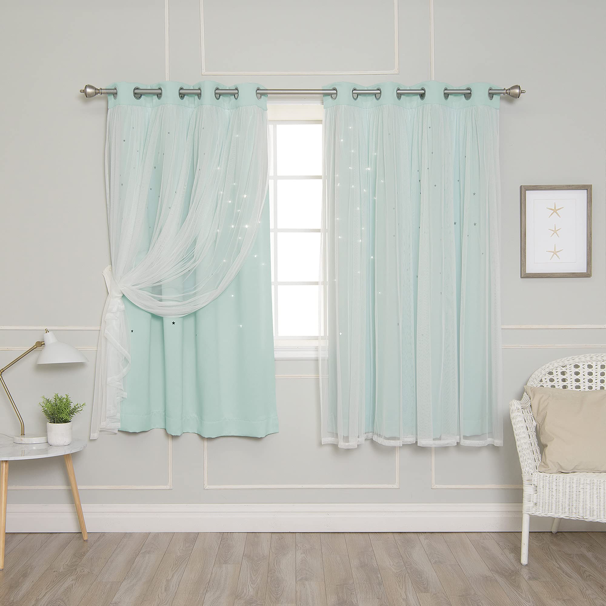 Best Home Fashion Tulle Overlay Star Cut Out Blackout Curtains (52' W X 63' L, Mint)