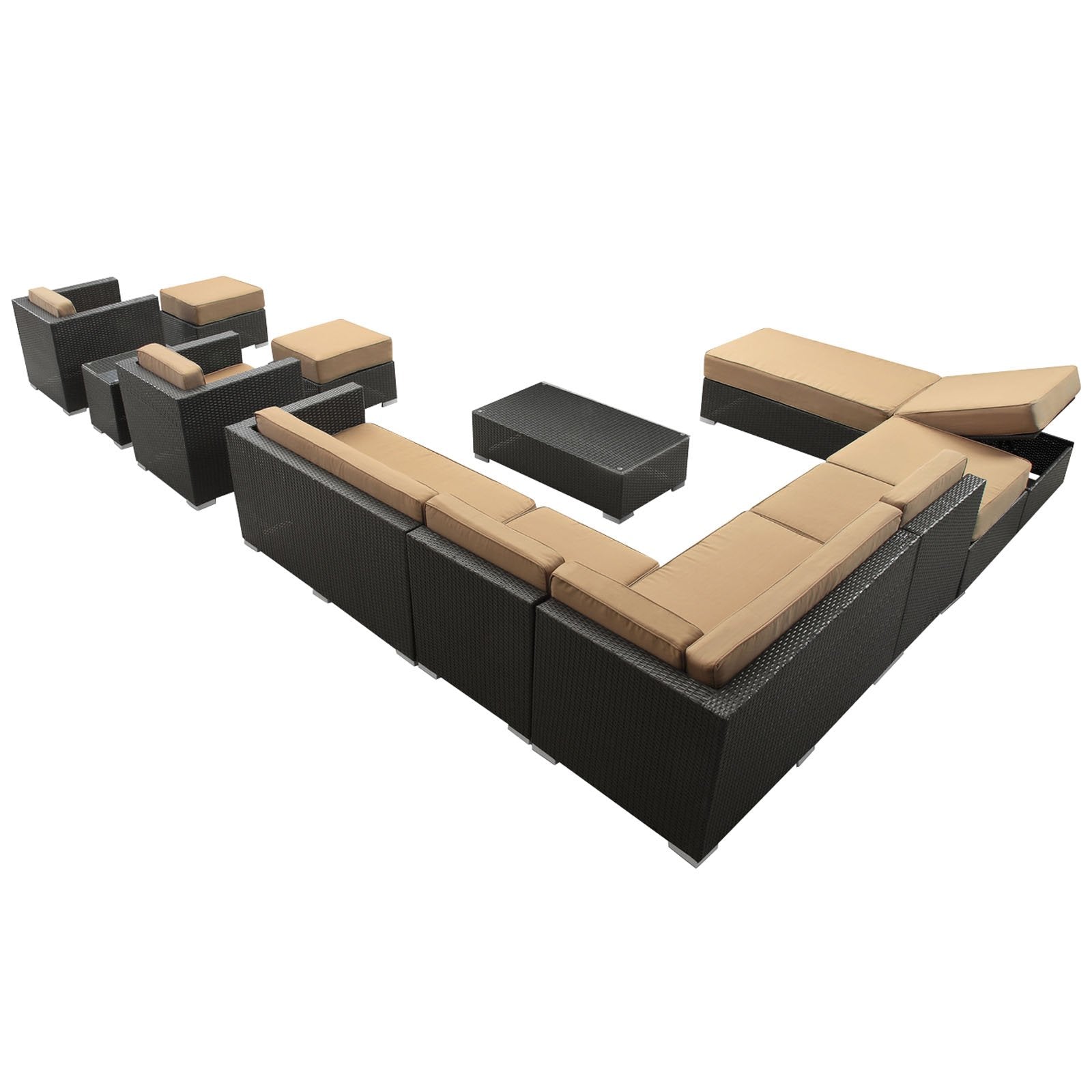 Modway Fusion 12-Piece Outdoor Rattan, Espresso With Mocha Cushions