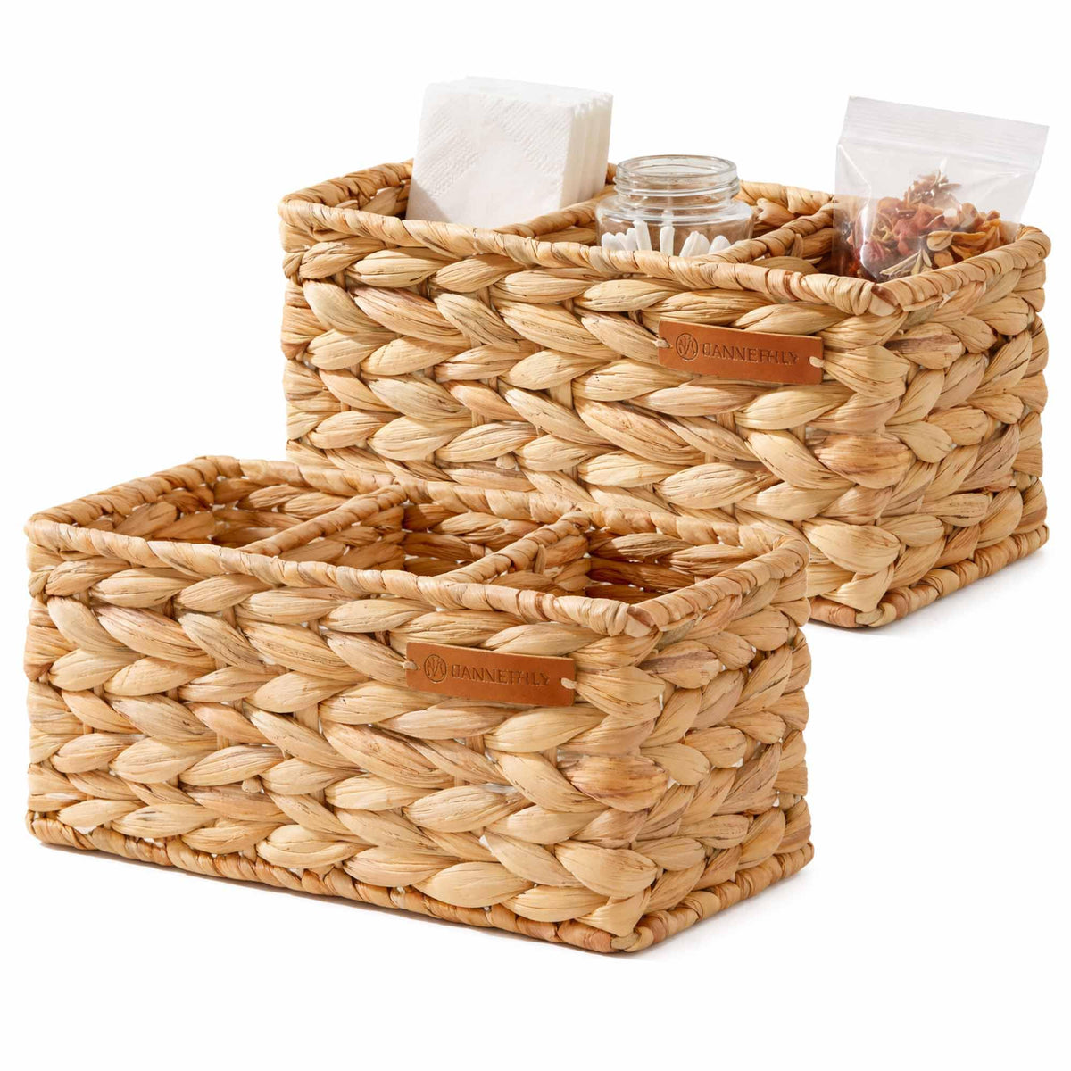 Water Hyacinth Wicker Baskets for Storage, Handwoven Rattan Shelf Basket with 3 Divided Compartments for Organizing Pantry Close