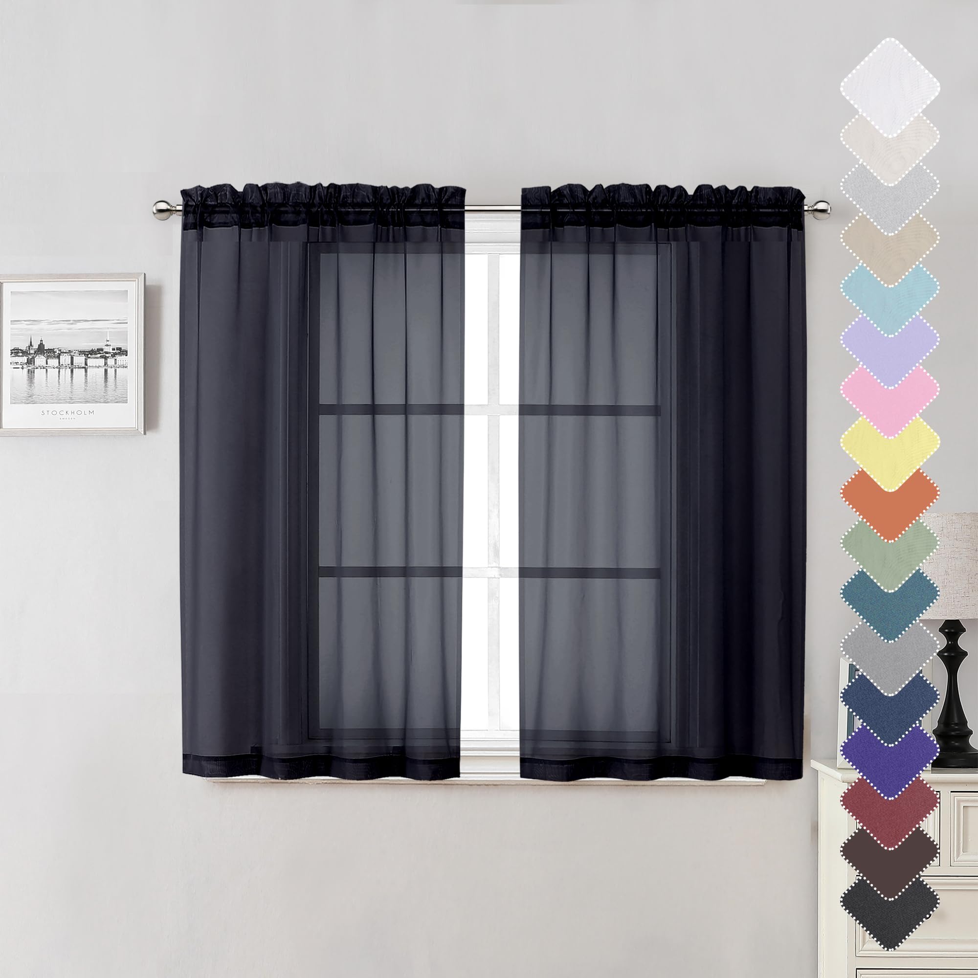 Lecloud Black Sheer Curtains 45 Inch Long 2 Panels, Short Voile Drapes For Dinning Small Windows, Light Filtering Voile Curtain